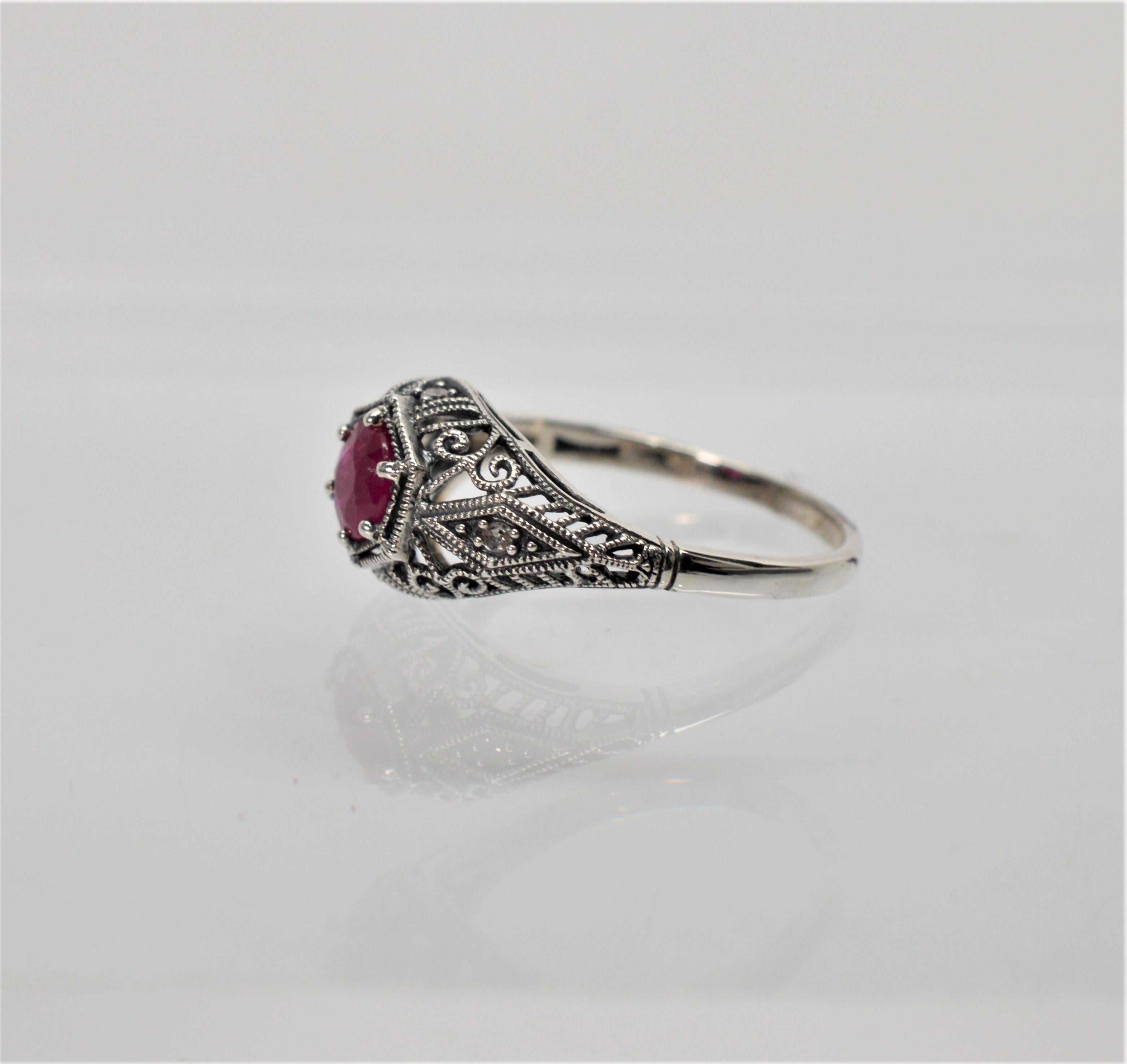 Round Cut Ruby w Diamond Accent Sterling Filigree Art Deco Style Ring w/ Mini Vintage Box For Sale