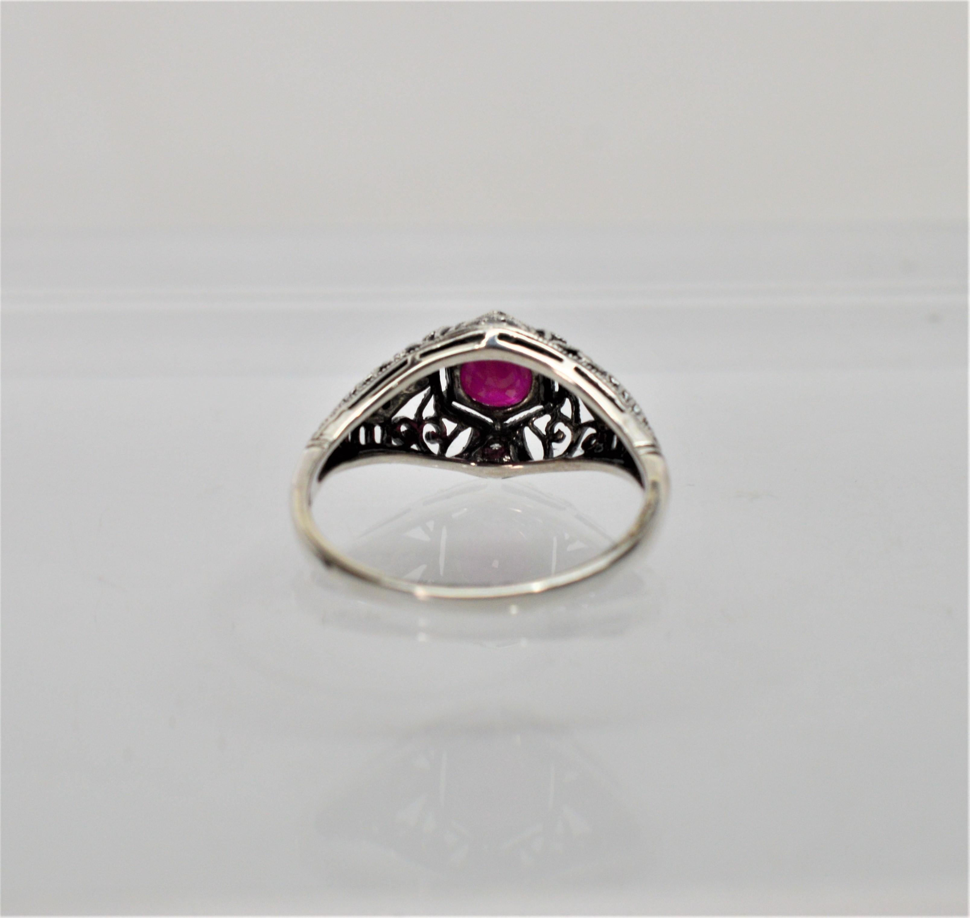 Ruby w Diamond Accent Sterling Filigree Art Deco Style Ring w/ Mini Vintage Box In New Condition For Sale In Mount Kisco, NY