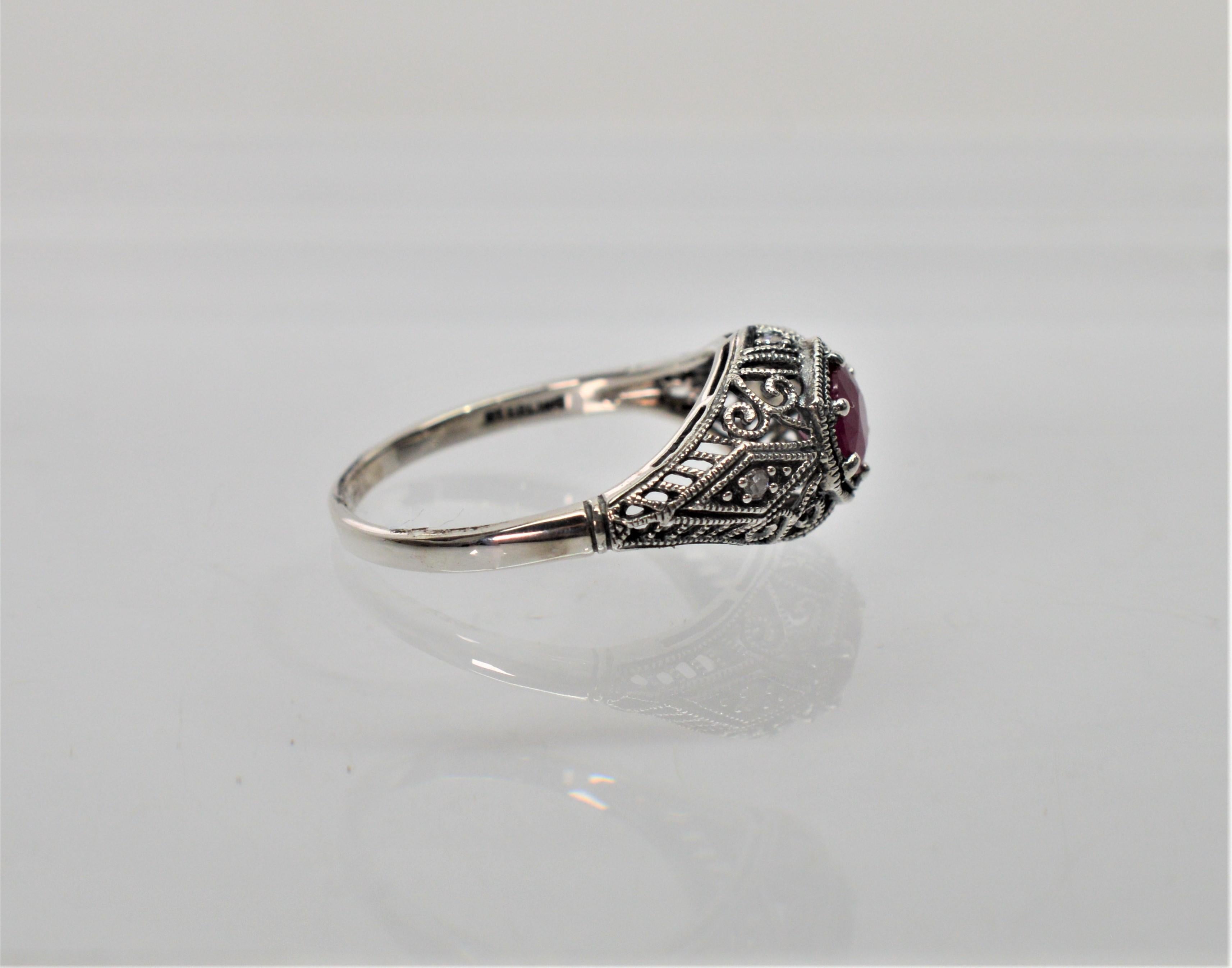 Women's Ruby w Diamond Accent Sterling Filigree Art Deco Style Ring w/ Mini Vintage Box For Sale