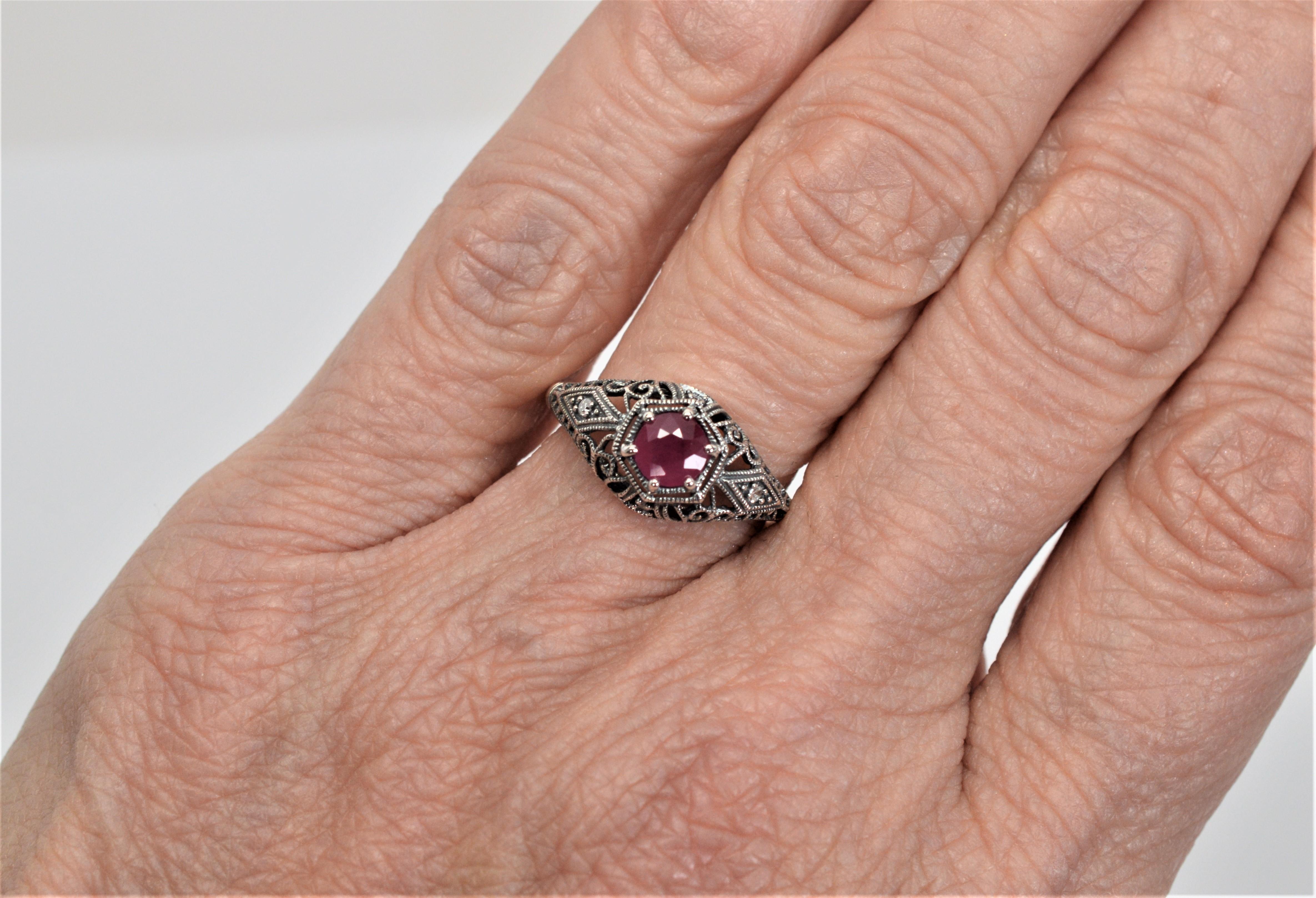 Ruby w Diamond Accent Sterling Filigree Art Deco Style Ring w/ Mini Vintage Box For Sale 2
