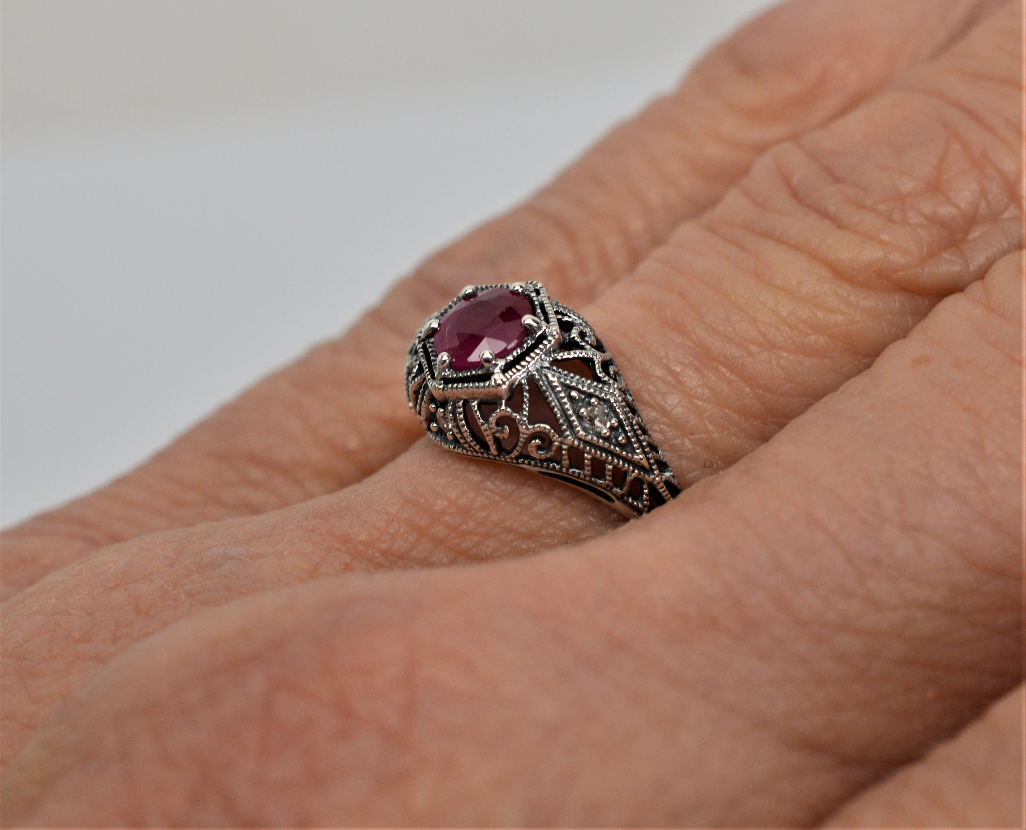 Ruby w Diamond Accent Sterling Filigree Art Deco Style Ring w/ Mini Vintage Box For Sale 3