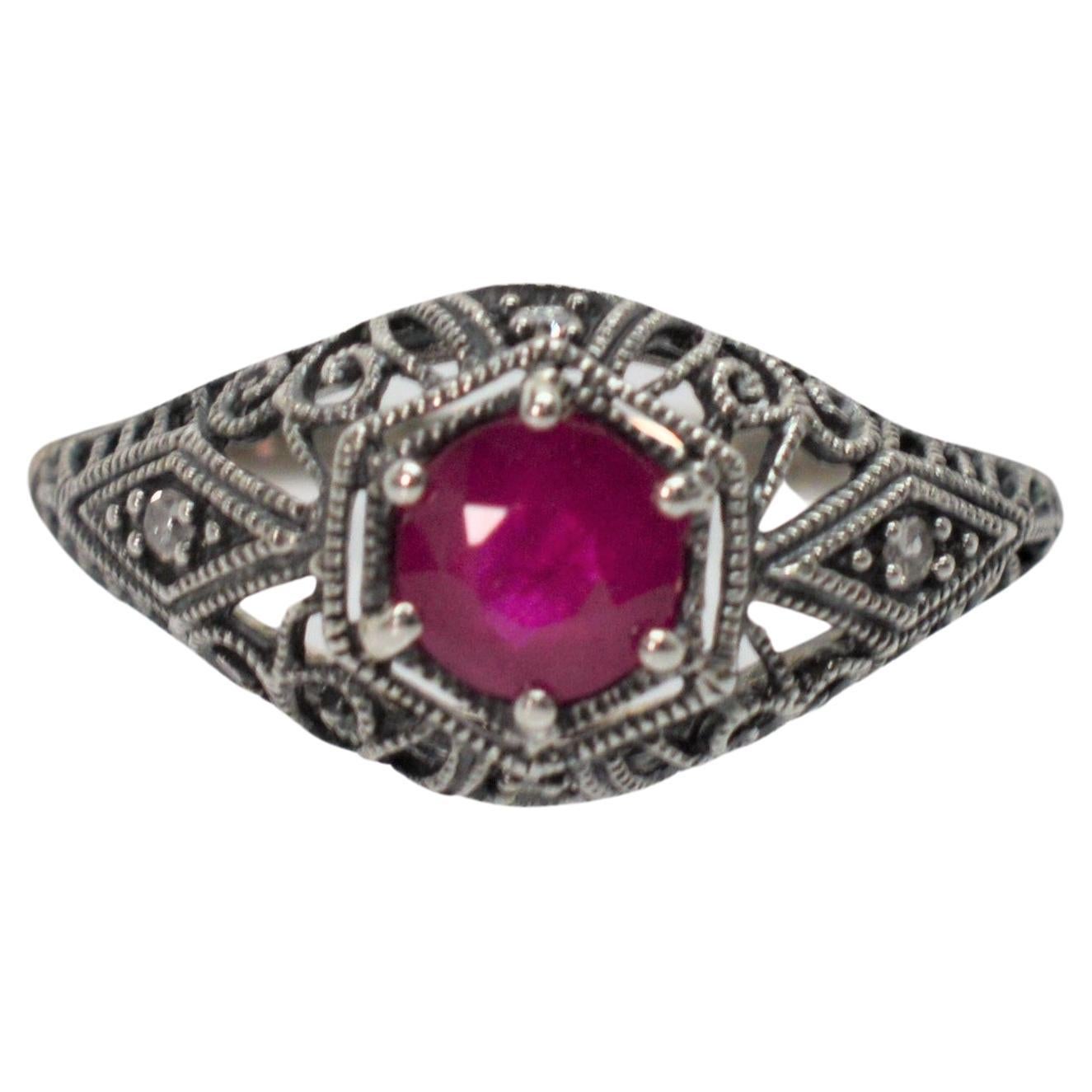Ruby w Diamond Accent Sterling Filigree Art Deco Style Ring w/ Mini Vintage Box For Sale