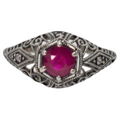 Ruby w Diamond Accent Sterling Filigree Art Deco Style Ring w/ Mini Vintage Box