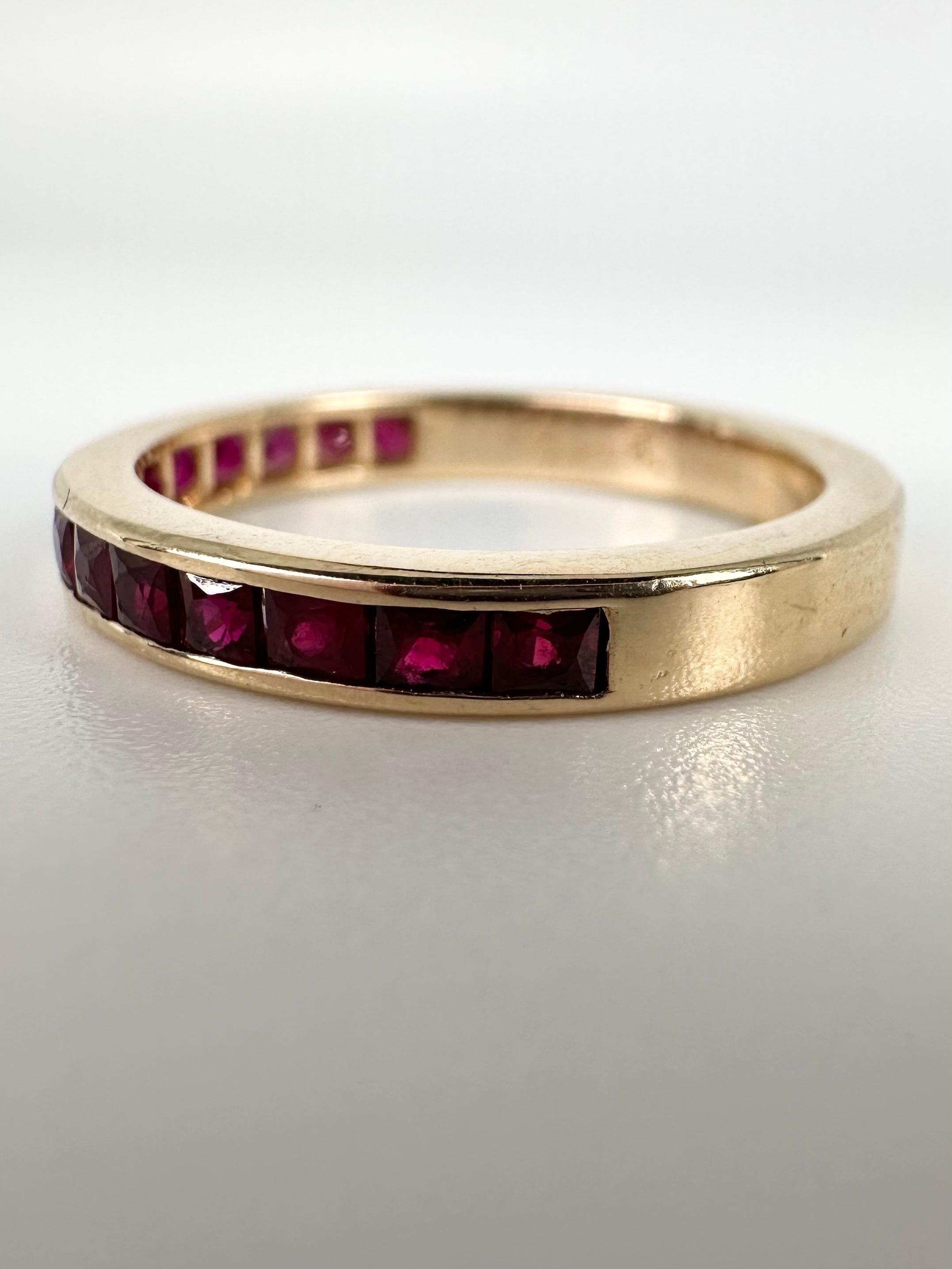 Channel set wedding band made with stunning pinkish red rubies(100% natural rubies) in 14KT gold. This ring is dainty with the most amazing sparkle and vivid pink color from the rubies!

GOLD: 14KT gold
NATURAL RUBY(S)
Size of the