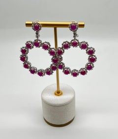 Ruby & White Diamond 18 Karat White Gold Chandelier Statement Circle Earrings