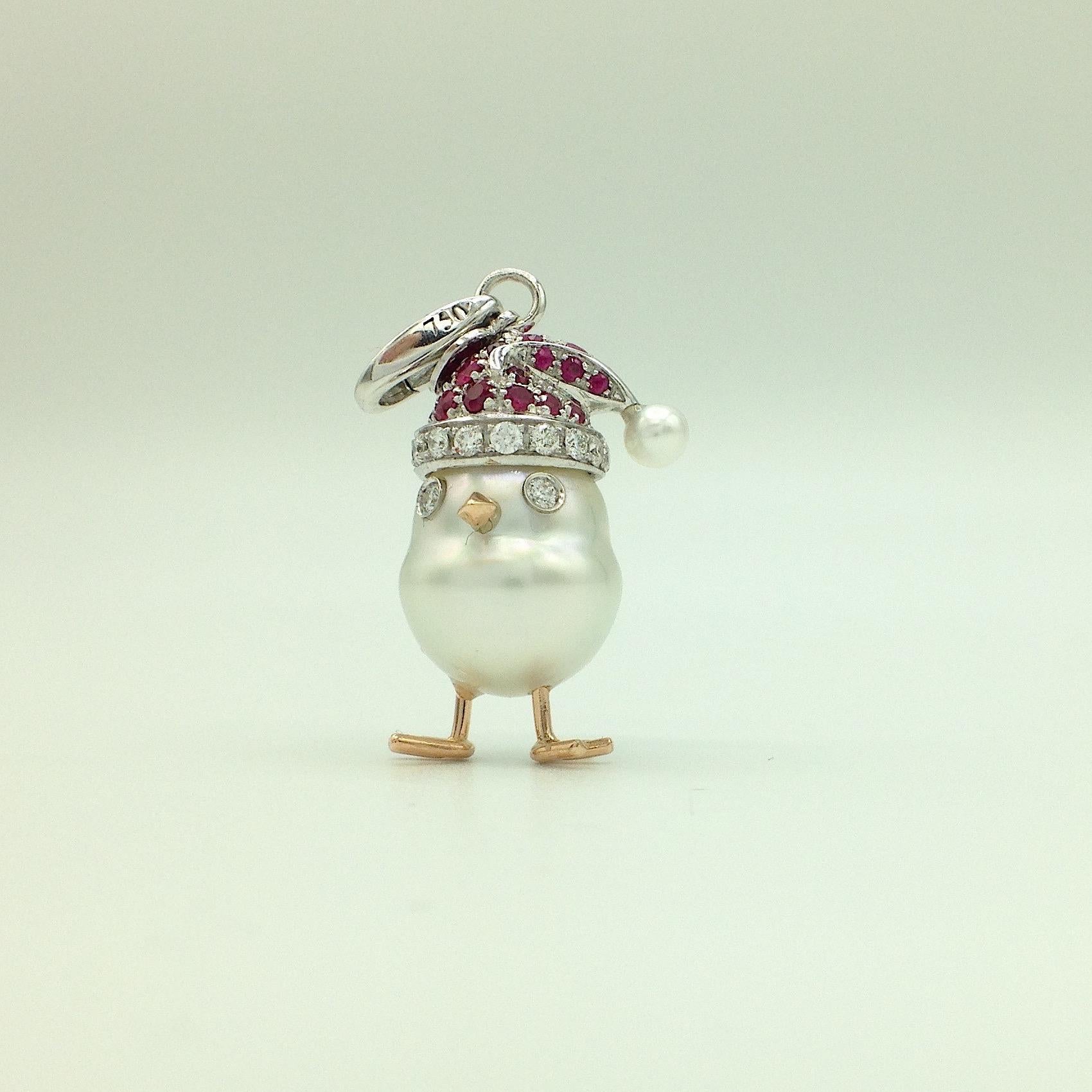 Ruby White Diamond 18 Kt Gold Pearl Christmas Chick Charm and Pendant/Necklace In New Condition In Bussolengo, Verona