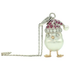 Ruby White Diamond 18 Kt Gold Pearl Christmas Chick Charm and Pendant/Necklace