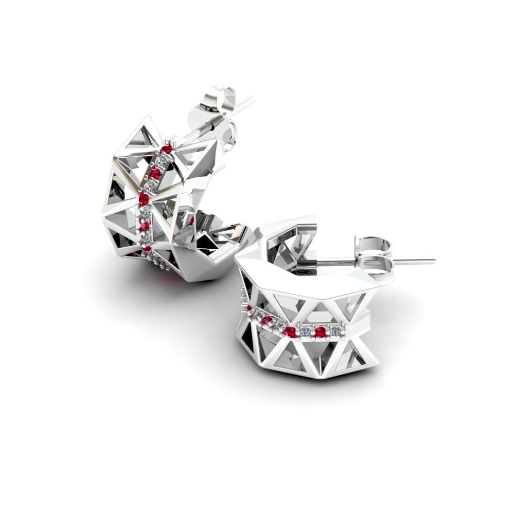 White 18K Gold Earrings
*Same Model with another stones and gold available 

Diamond 0,16 ct
Ruby 0,16 ct
Weight 14 grams

This collection was created inspired by the wonderful and controversial
Castel Del Monte (Castle of the Mountain) erected by