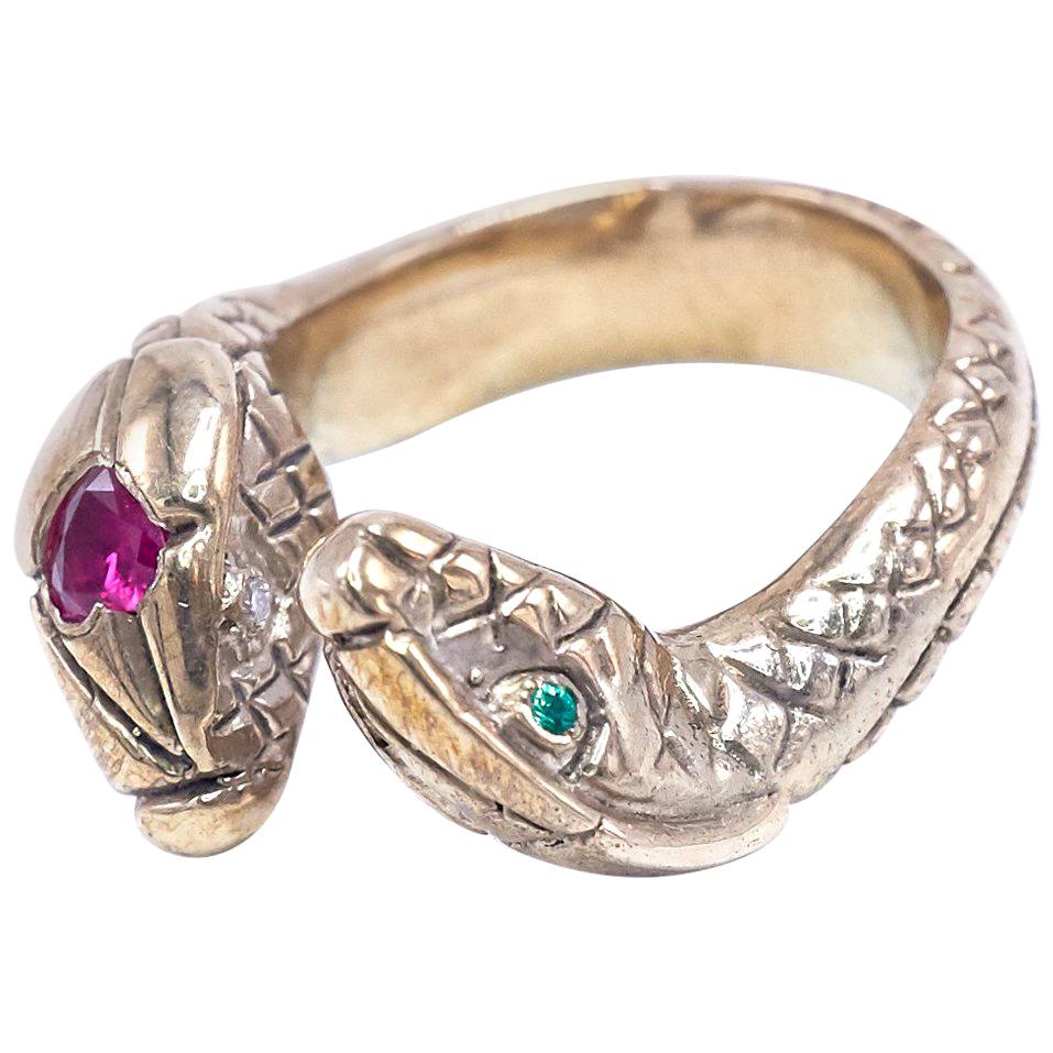 Heart Ruby White Diamond Emerald in solid 14k Gold Snake Ring Adjustable J Dauphin

J DAUPHIN 
