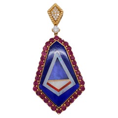 Ruby, White Diamond, Lapis, and Opal Pendant in 18k Yellow Gold