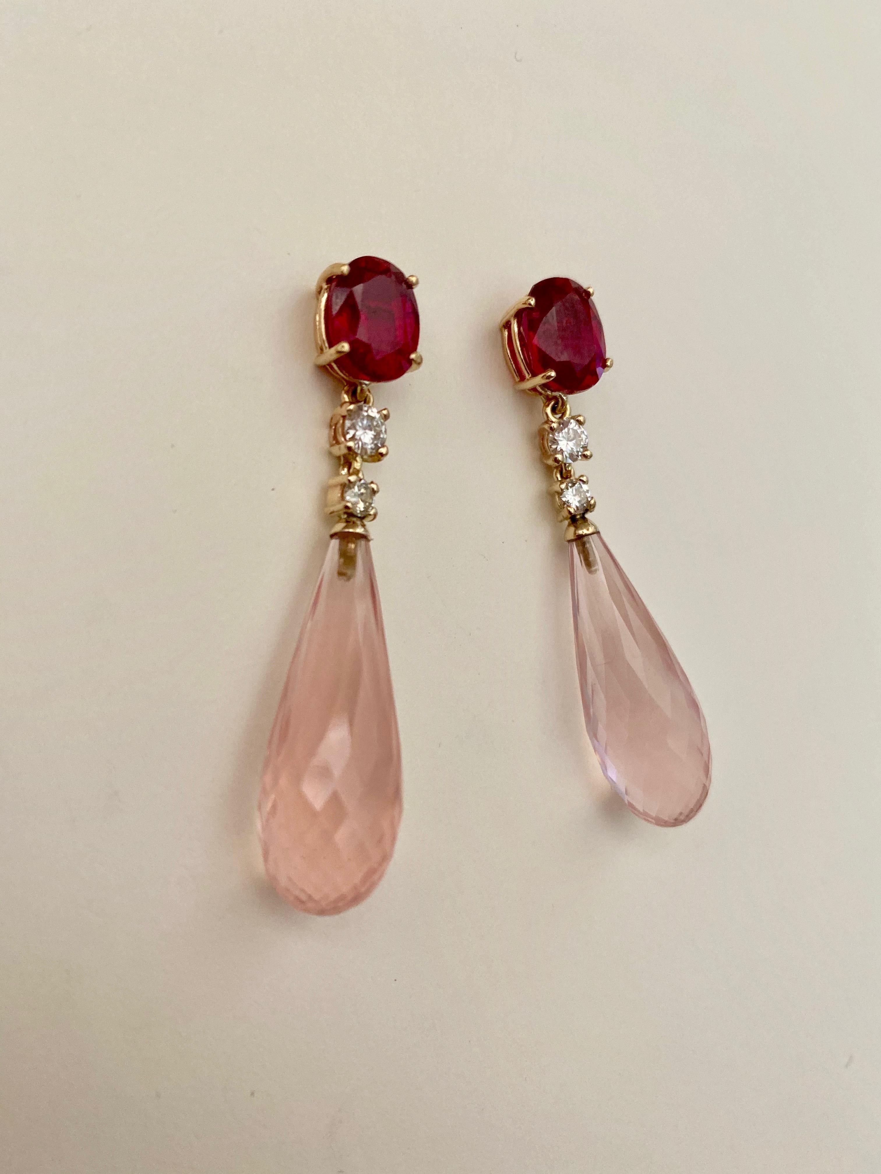 Boucles d'oreilles pendantes Briolette en diamant blanc rubis et quartz rose en vente 4