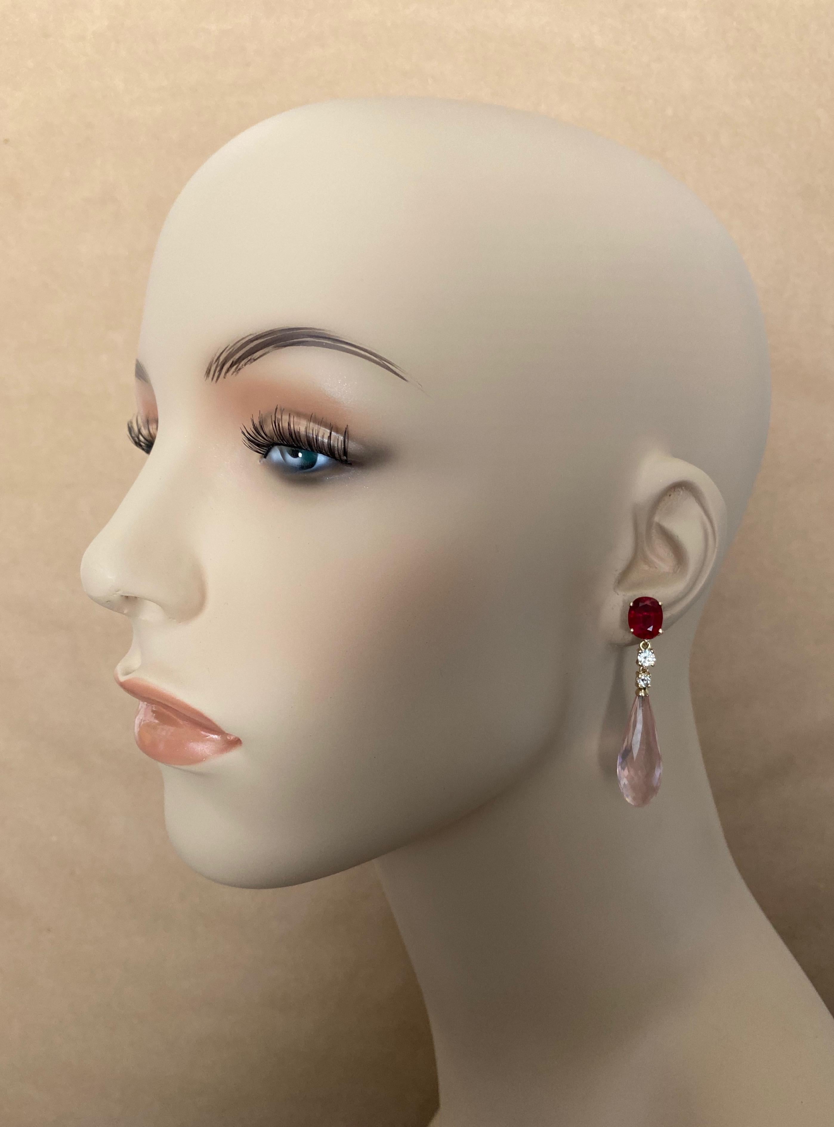 Ruby White Diamond Rose Quartz Briolette Dangle Earrings For Sale 4