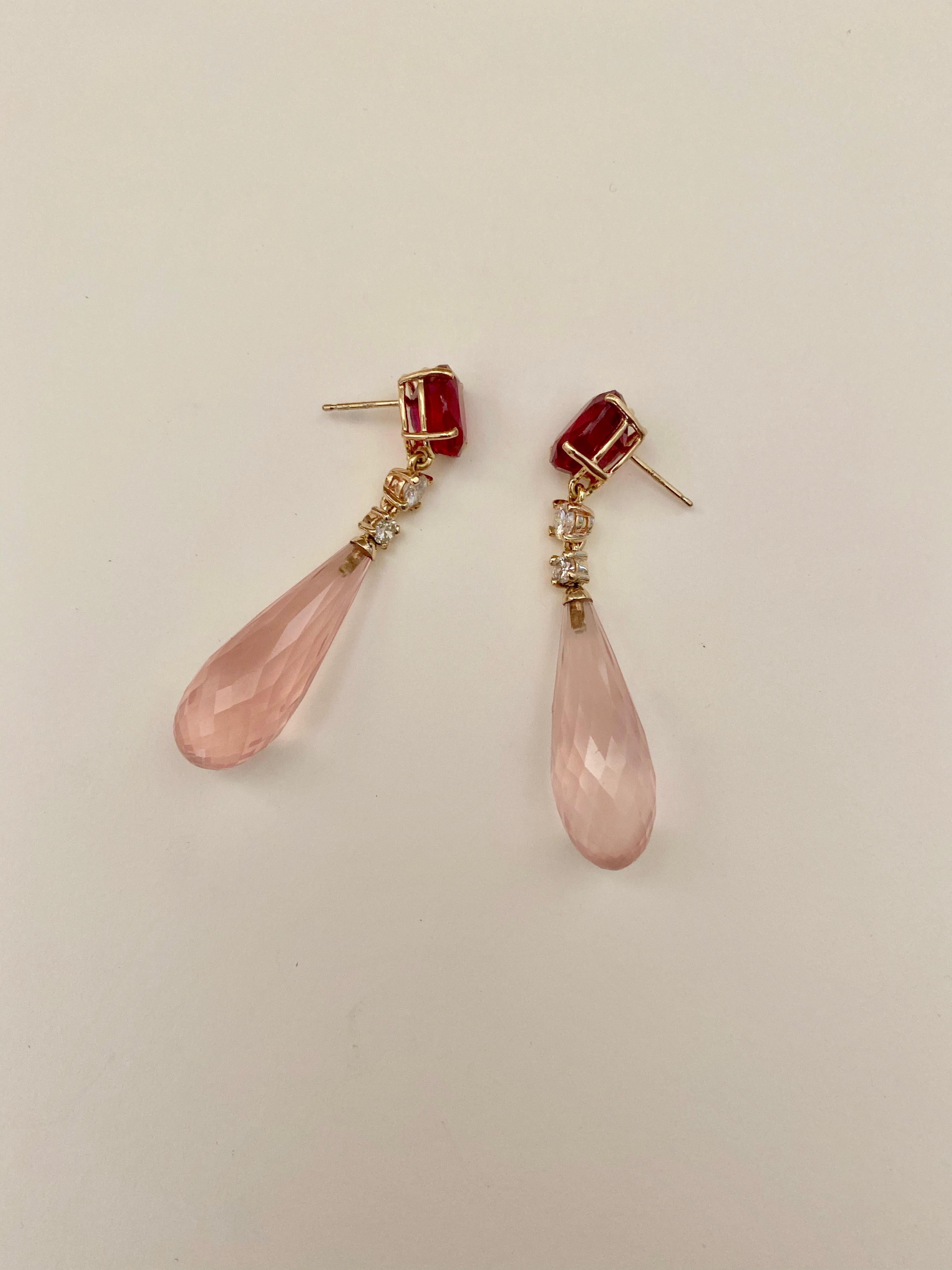 Boucles d'oreilles pendantes Briolette en diamant blanc rubis et quartz rose en vente 6