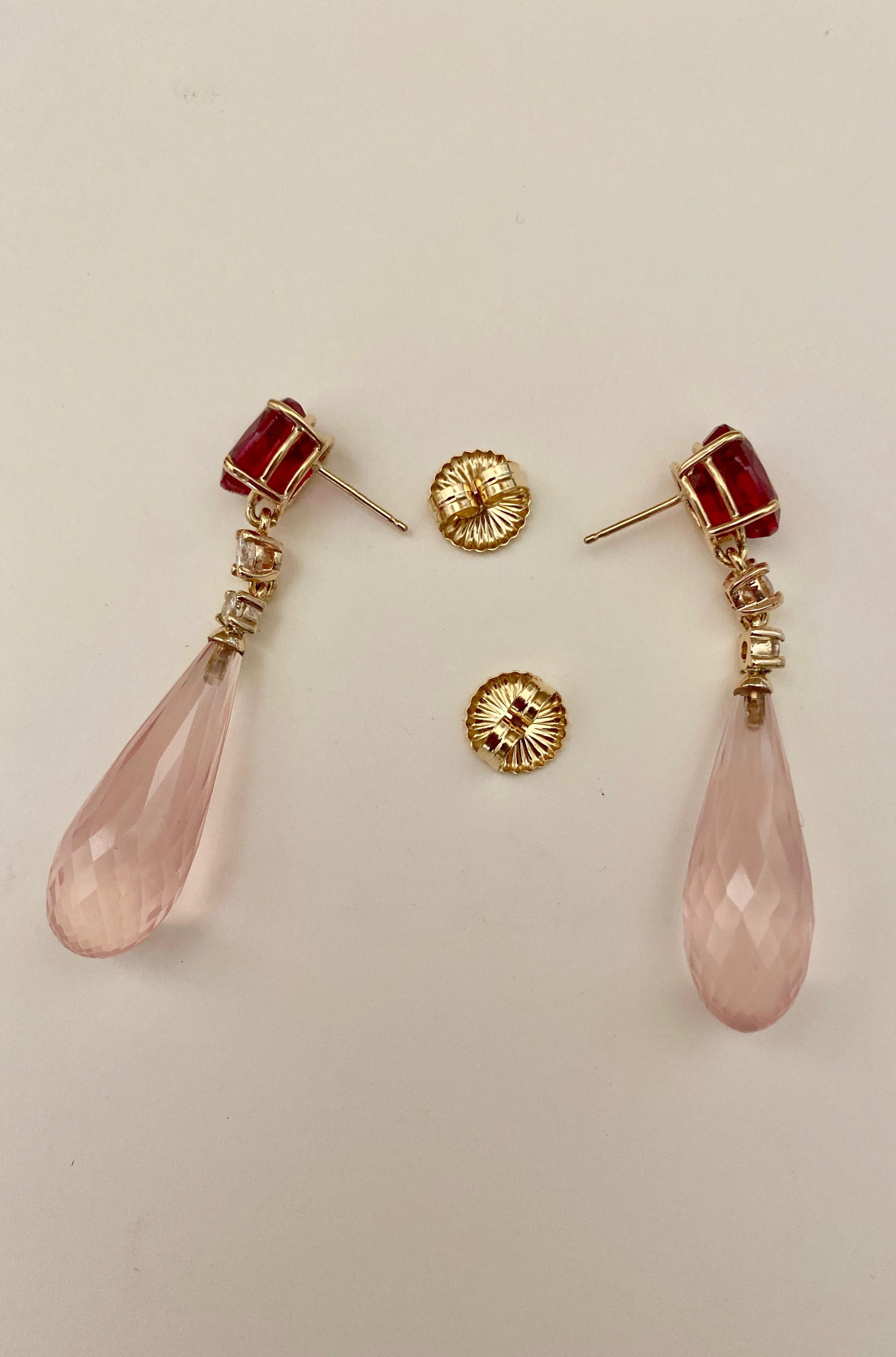 Boucles d'oreilles pendantes Briolette en diamant blanc rubis et quartz rose en vente 7