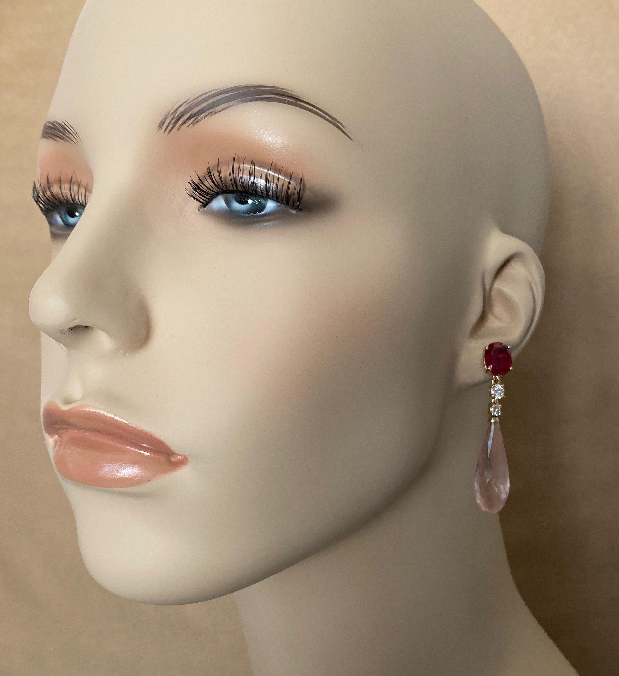 Contemporary Ruby White Diamond Rose Quartz Briolette Dangle Earrings For Sale