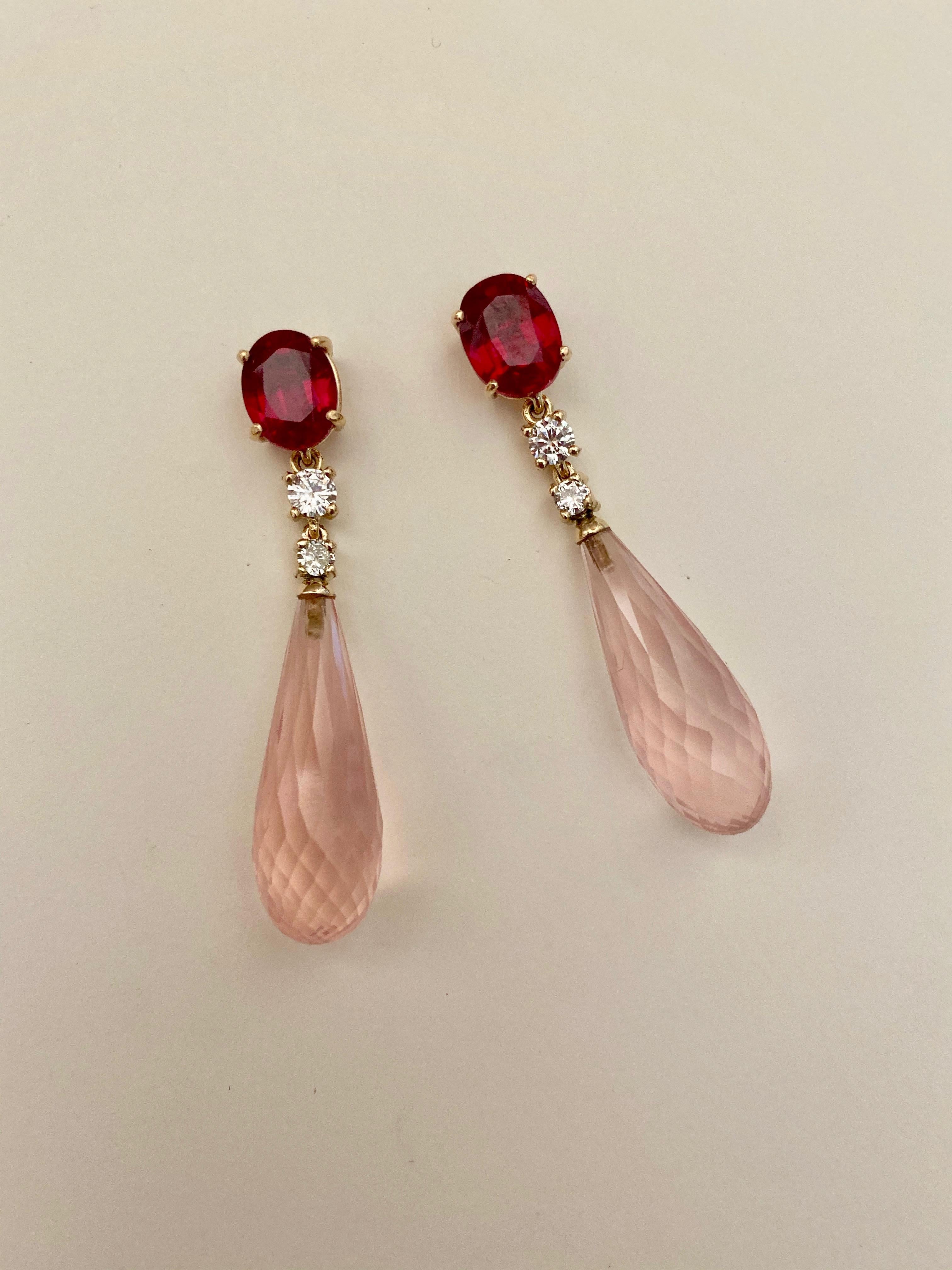 Rose Cut Ruby White Diamond Rose Quartz Briolette Dangle Earrings For Sale