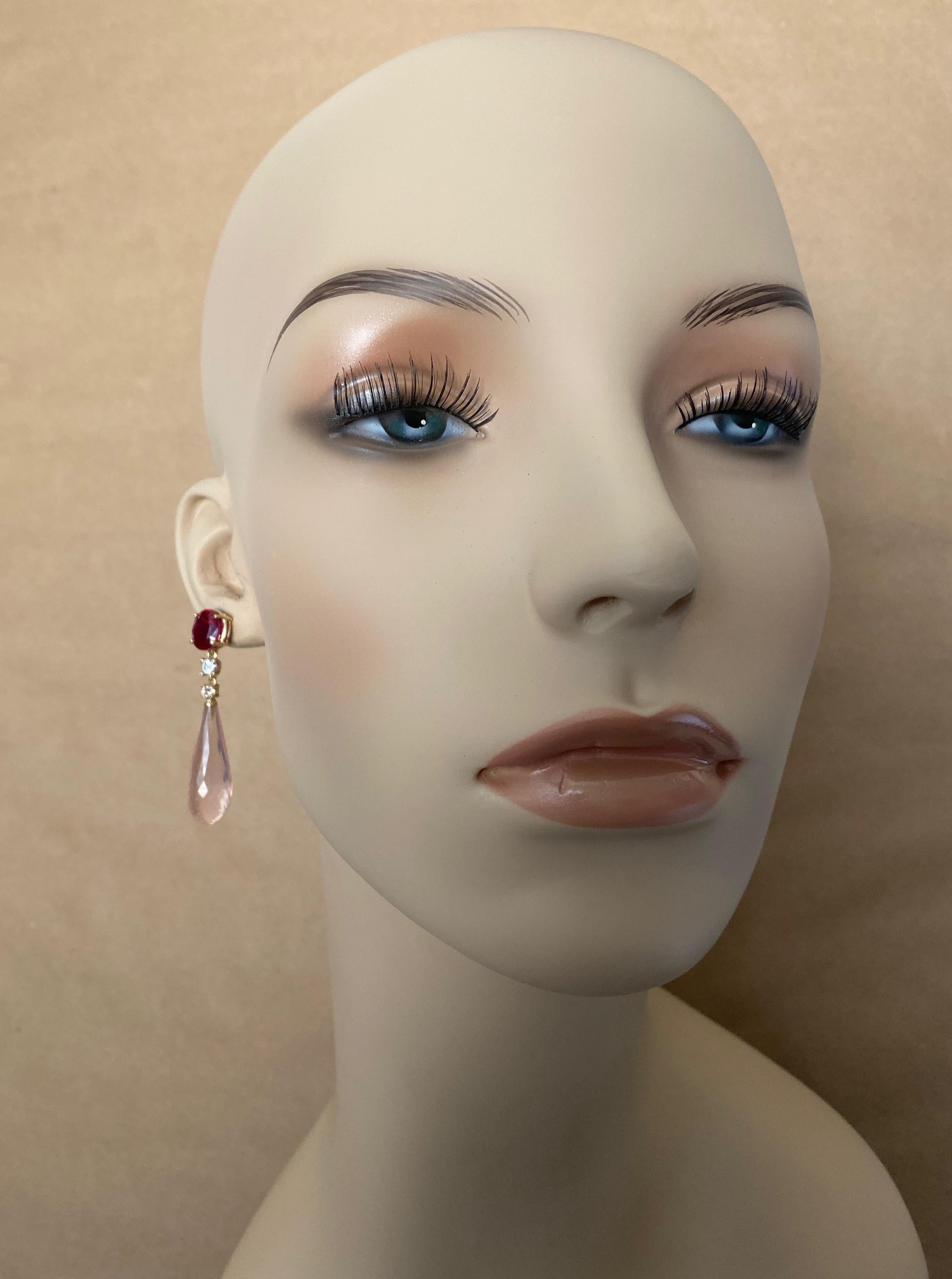 Ruby White Diamond Rose Quartz Briolette Dangle Earrings For Sale 1