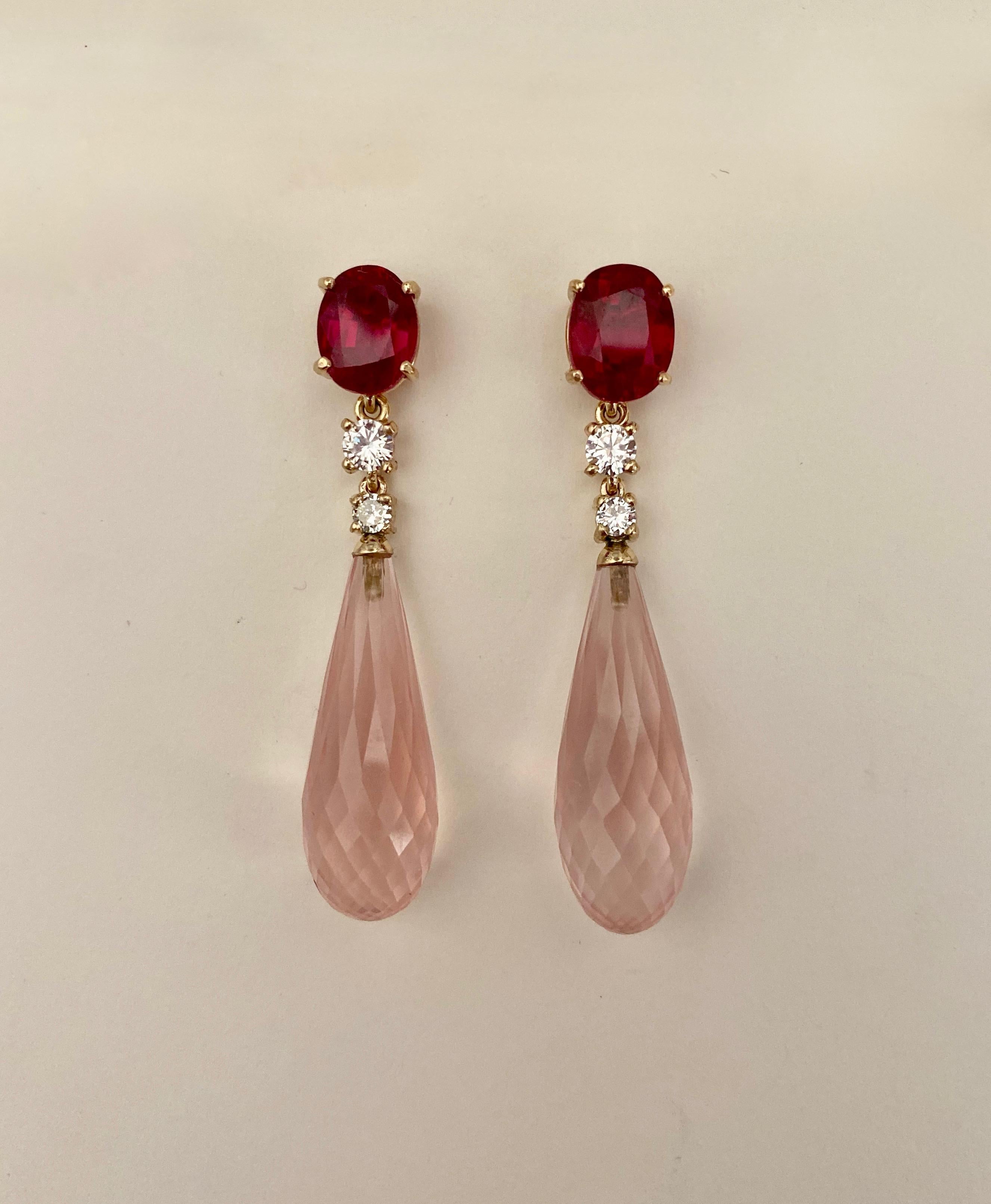 Boucles d'oreilles pendantes Briolette en diamant blanc rubis et quartz rose en vente 3