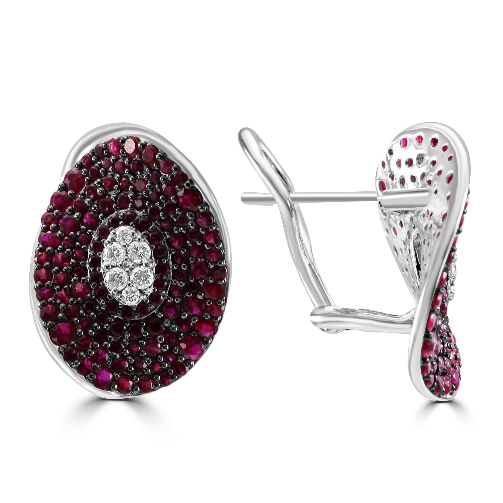 Modern Ruby & White Diamond Round 14 Karat White Gold Fancy Fashion Cocktail Earring