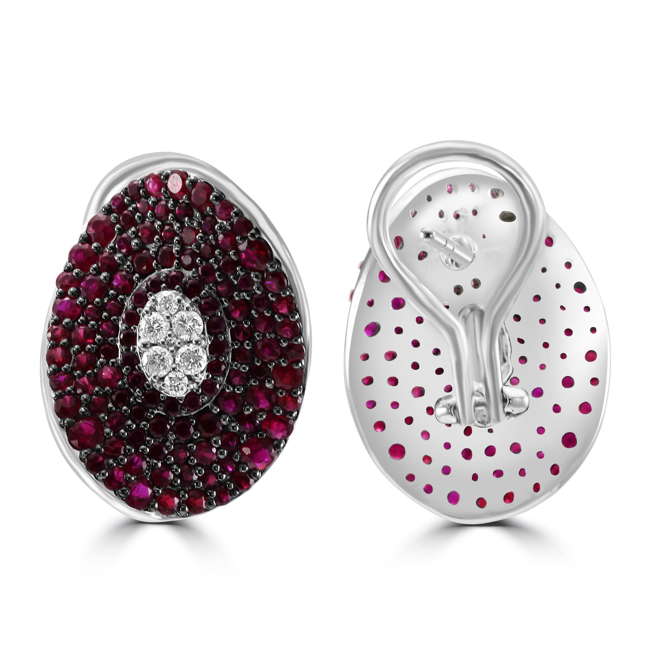 Round Cut Ruby & White Diamond Round 14 Karat White Gold Fancy Fashion Cocktail Earring