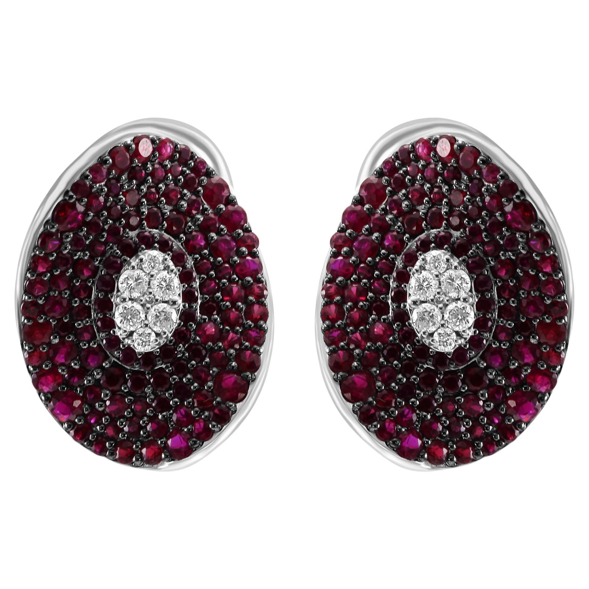 Ruby & White Diamond Round 14 Karat White Gold Fancy Fashion Cocktail Earring