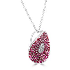 Ruby & White Diamond Round 14 Karat White Gold Fancy Fashion Pendant Necklace