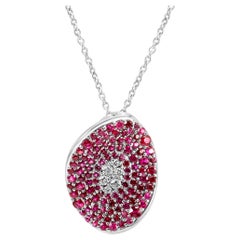 Ruby & White Diamond Round 14 Karat White Gold Fancy Fashion Pendant Necklace