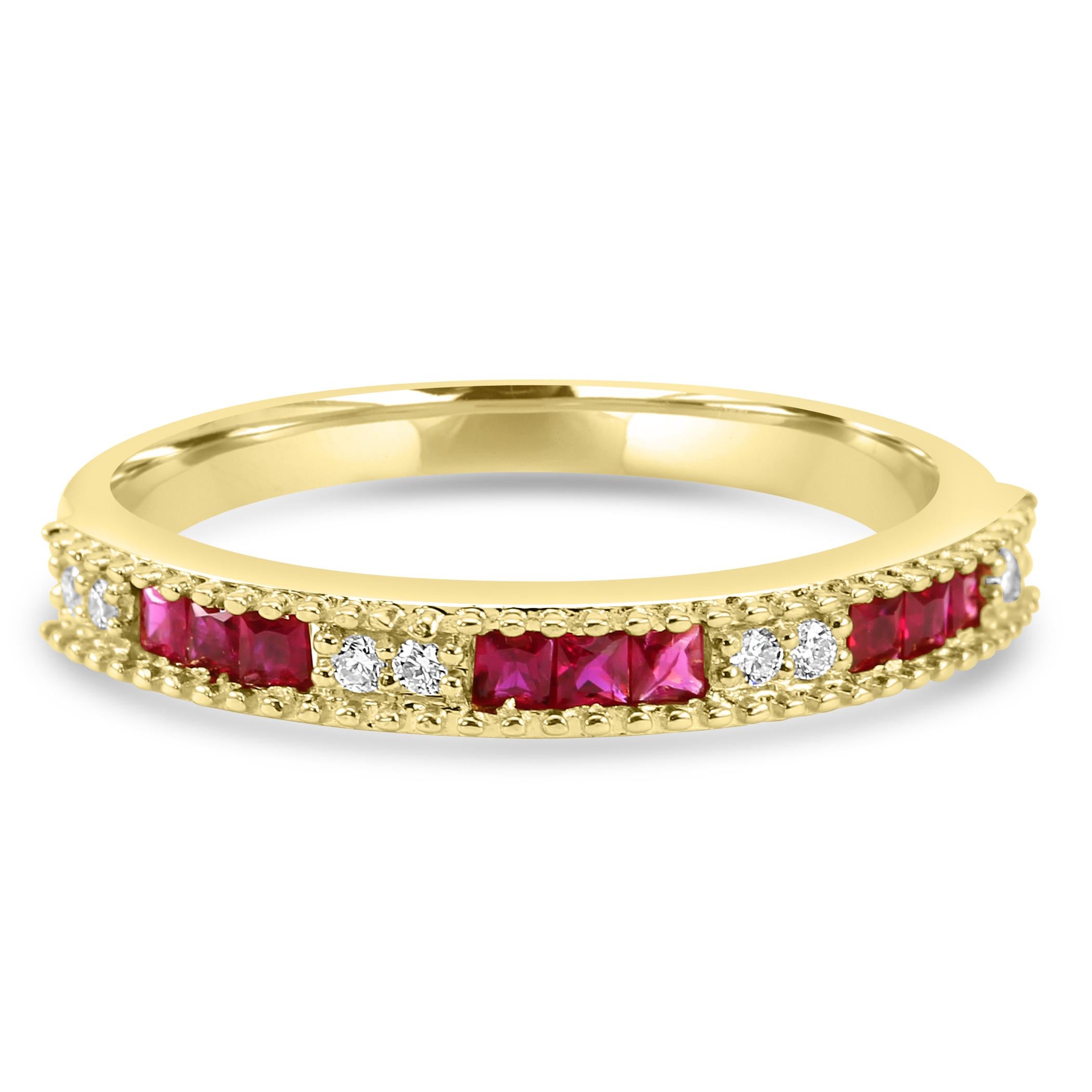 This stunning band ring features ruby rounds, totaling to 0.27 carats. These rubies were carefully selected for their rich, deep red color and exceptional brilliance. The vivid red hue of the rubies adds a pop of color and a sense of timeless