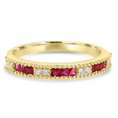 Ruby & White Diamond Round 14 Karat Yellow Gold Fashion Band Engagement Ring