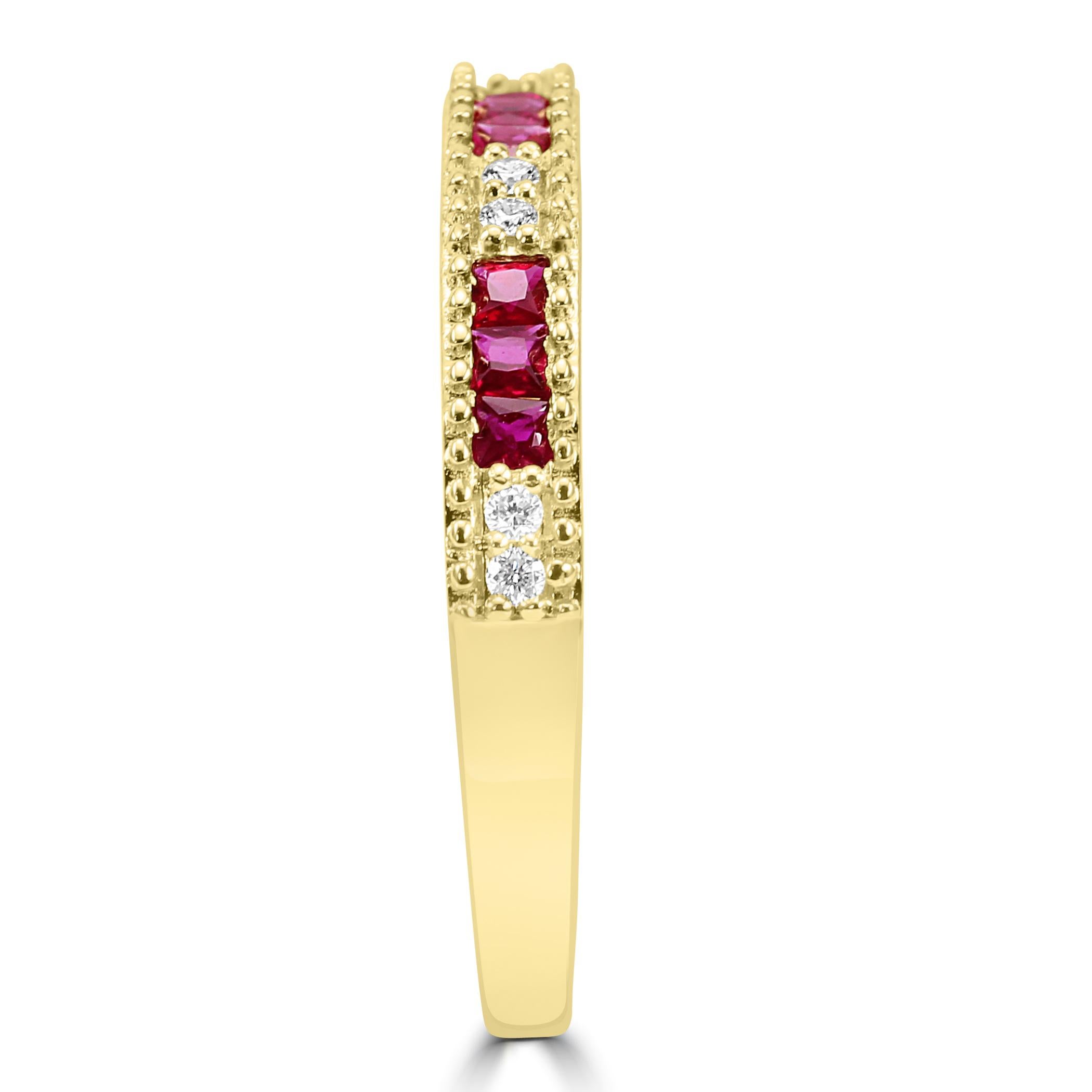 Round Cut Ruby & White Diamond Round 14 Karat Yellow Gold Fashion Band Engagement Ring For Sale