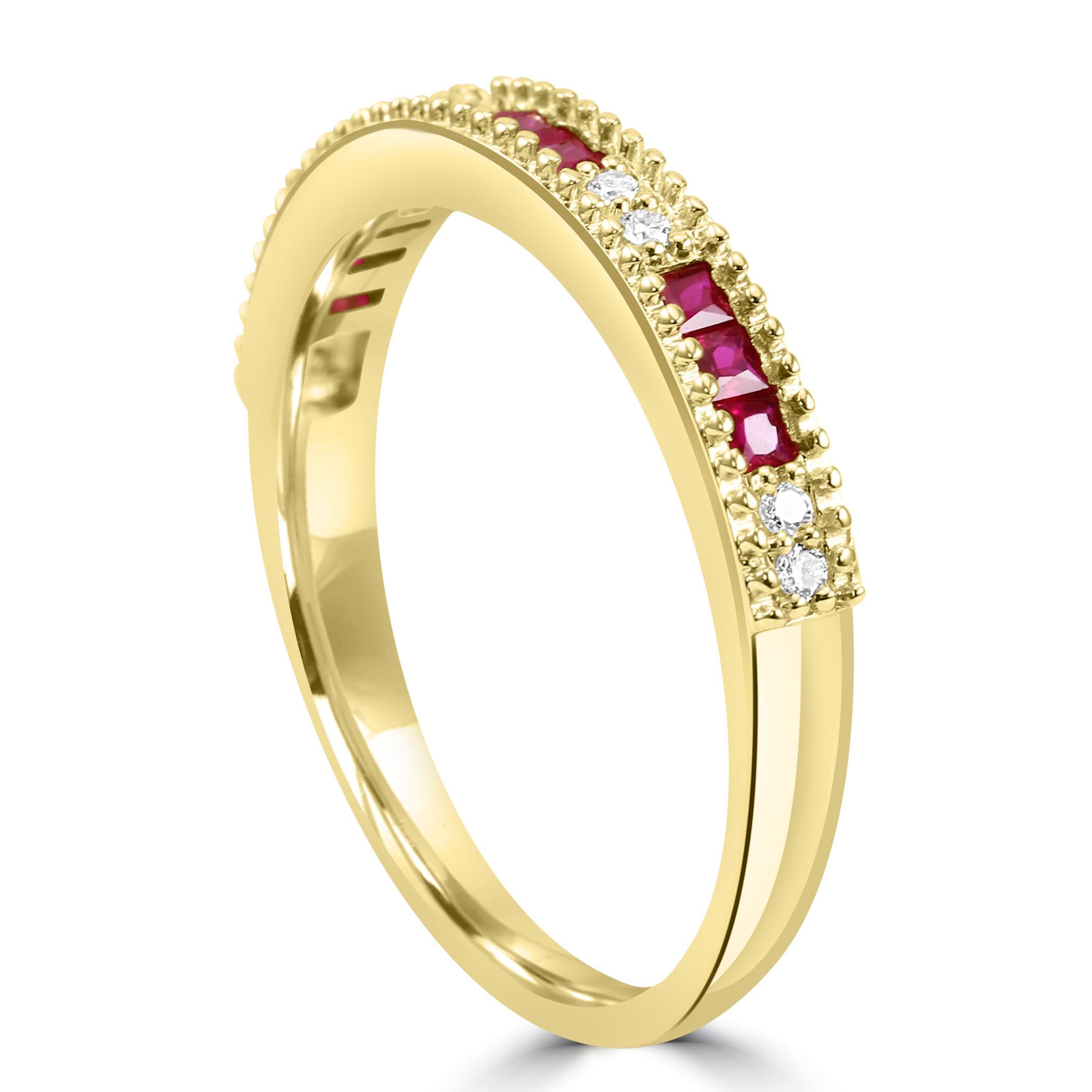 Ruby & White Diamond Round 14 Karat Yellow Gold Fashion Band Engagement Ring In New Condition For Sale In New York, NY