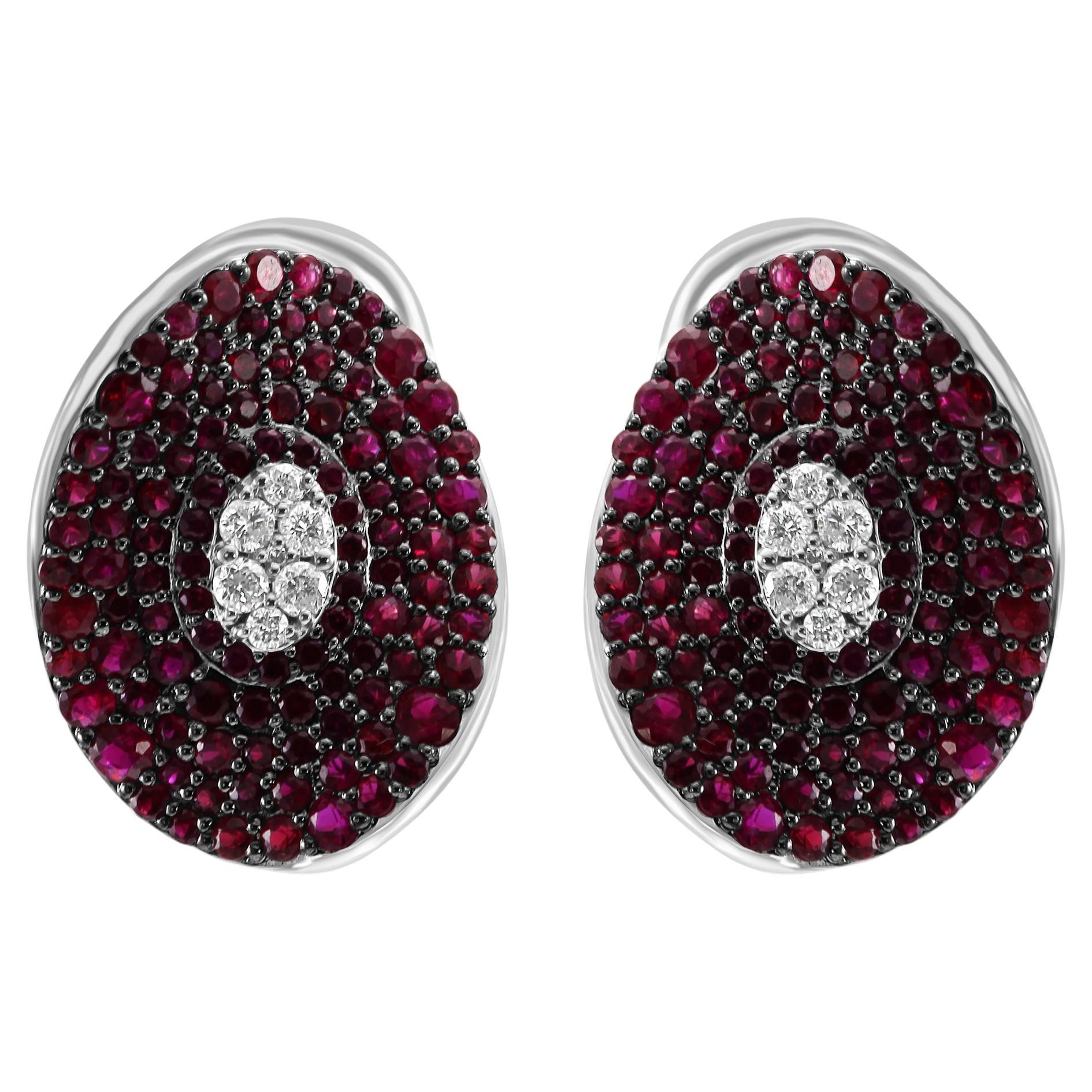 Ruby & White Diamond Round 14 Karat Gold Fashion Cocktail Lever Back Earring