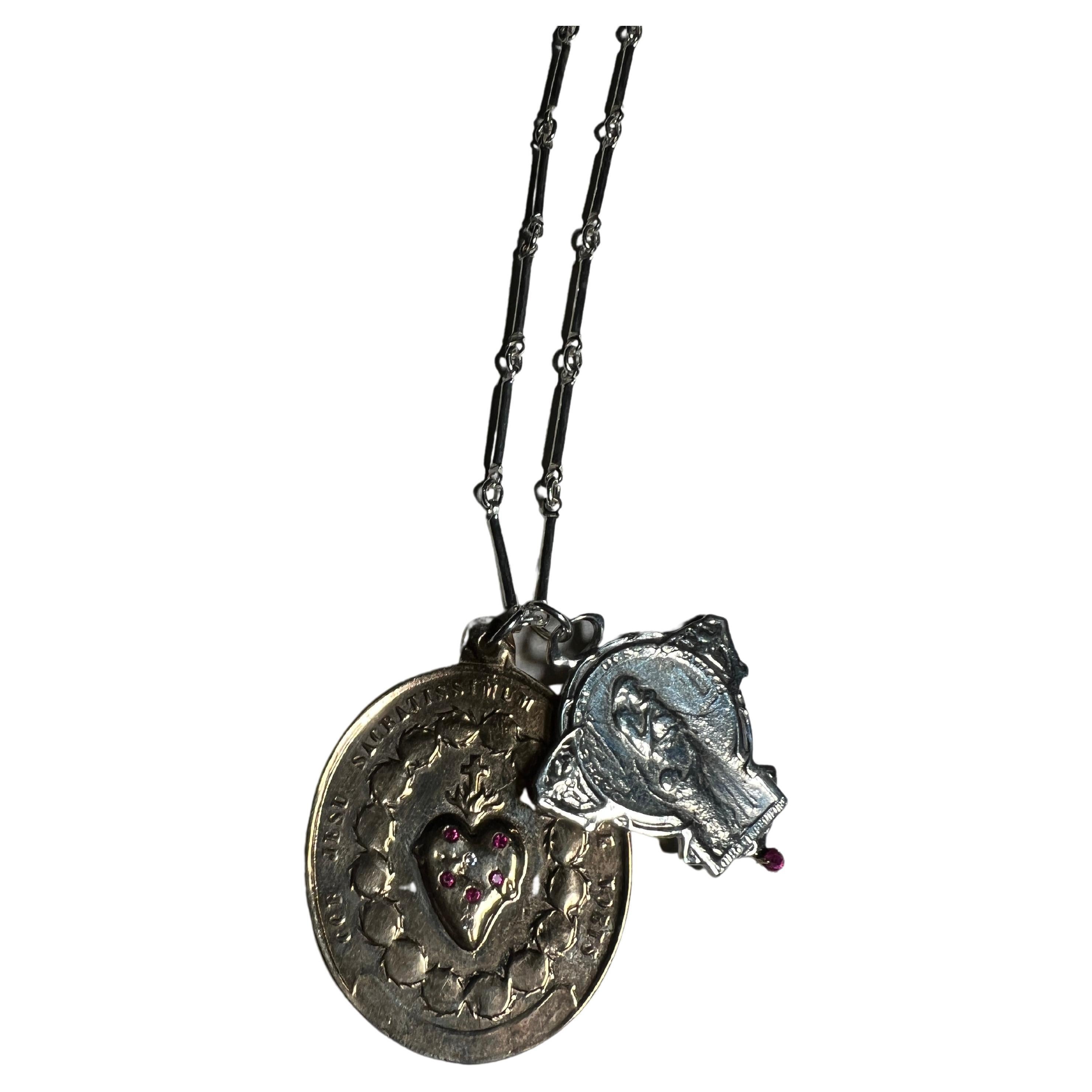 Brilliant Cut Ruby White Diamond Sacred Heart Silver Chain Necklace Art Nouveau Medal For Sale