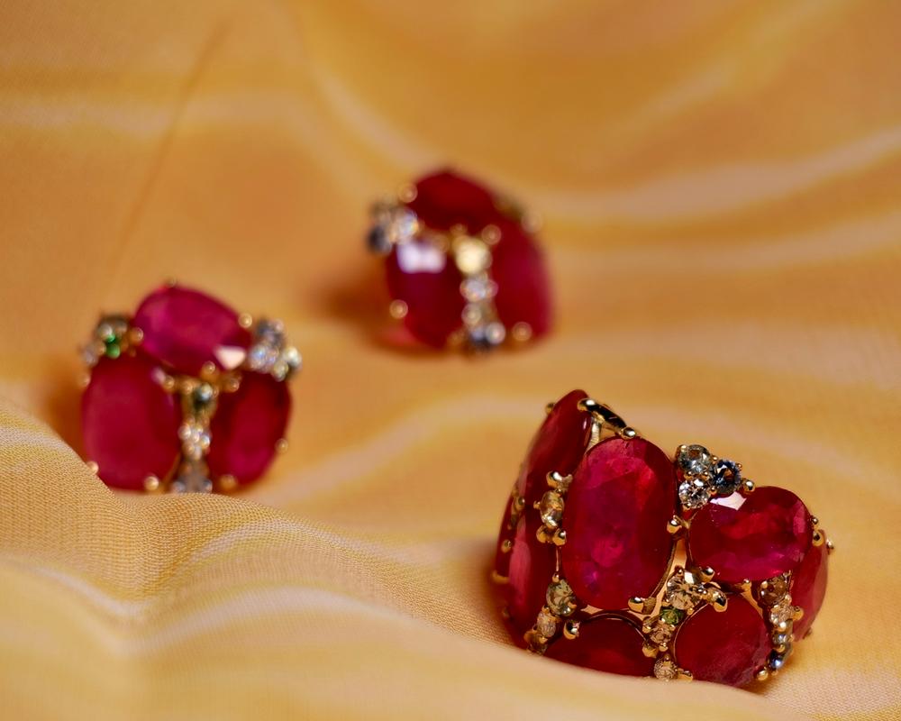 Ruby, White Diamond, Sapphire & Tsavorite Cocktail 18kt Earrings Made in Italy 1