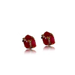 Ruby, White Diamond, Sapphire & Tsavorite Cocktail 18kt Earrings Made in Italy
