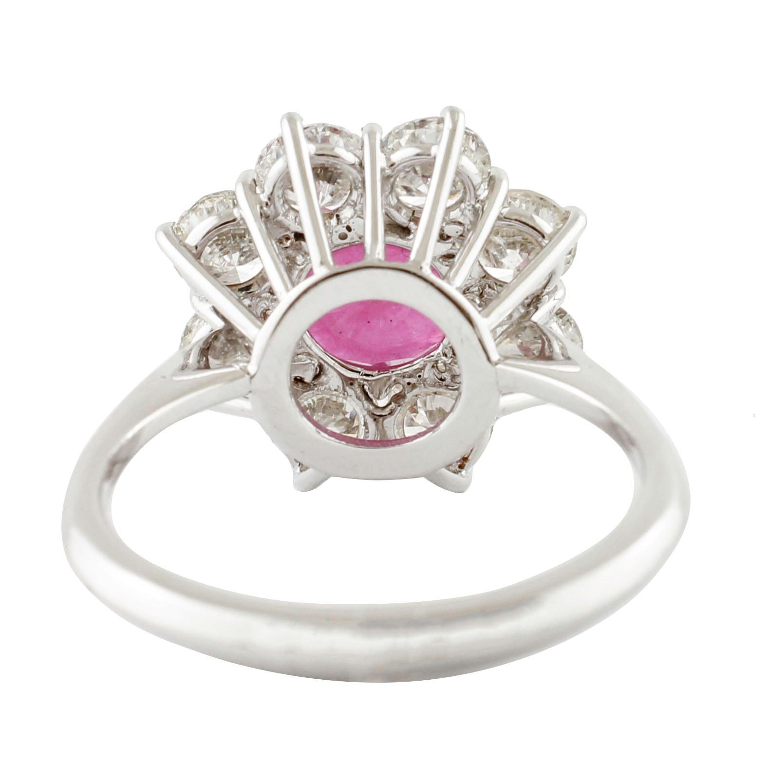 Retro Ruby, White Diamonds, White Gold, Flower Shape Design Fashion Ring For Sale