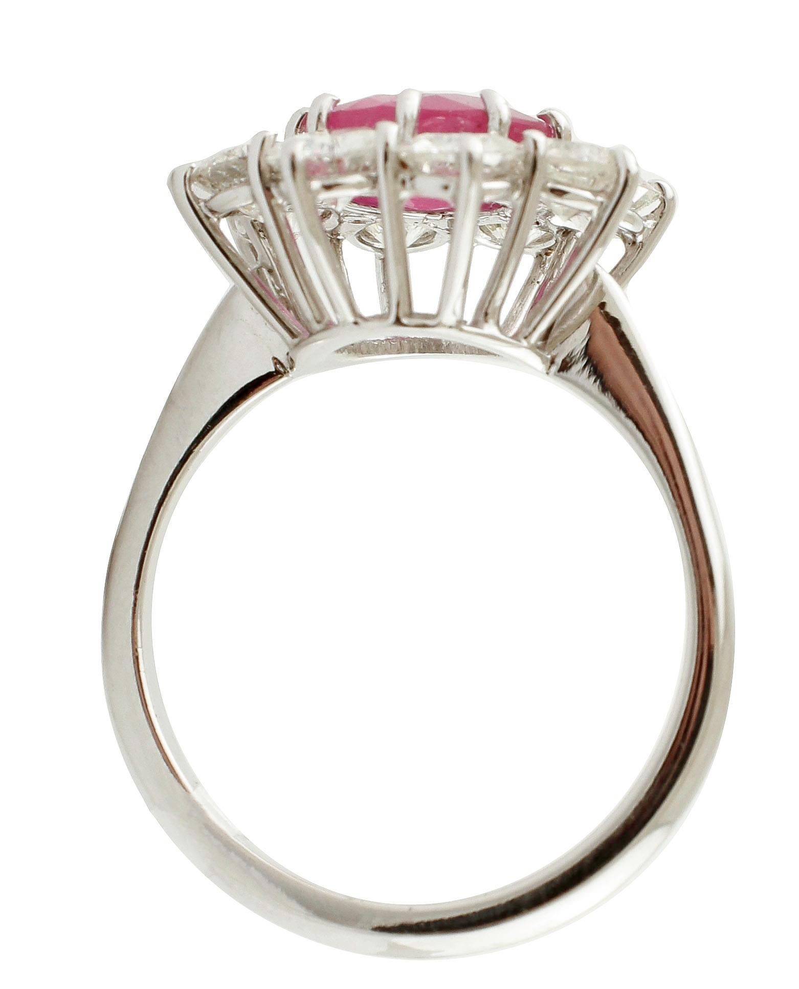 Brilliant Cut Ruby, White Diamonds, White Gold, Flower Shape Design Fashion Ring For Sale