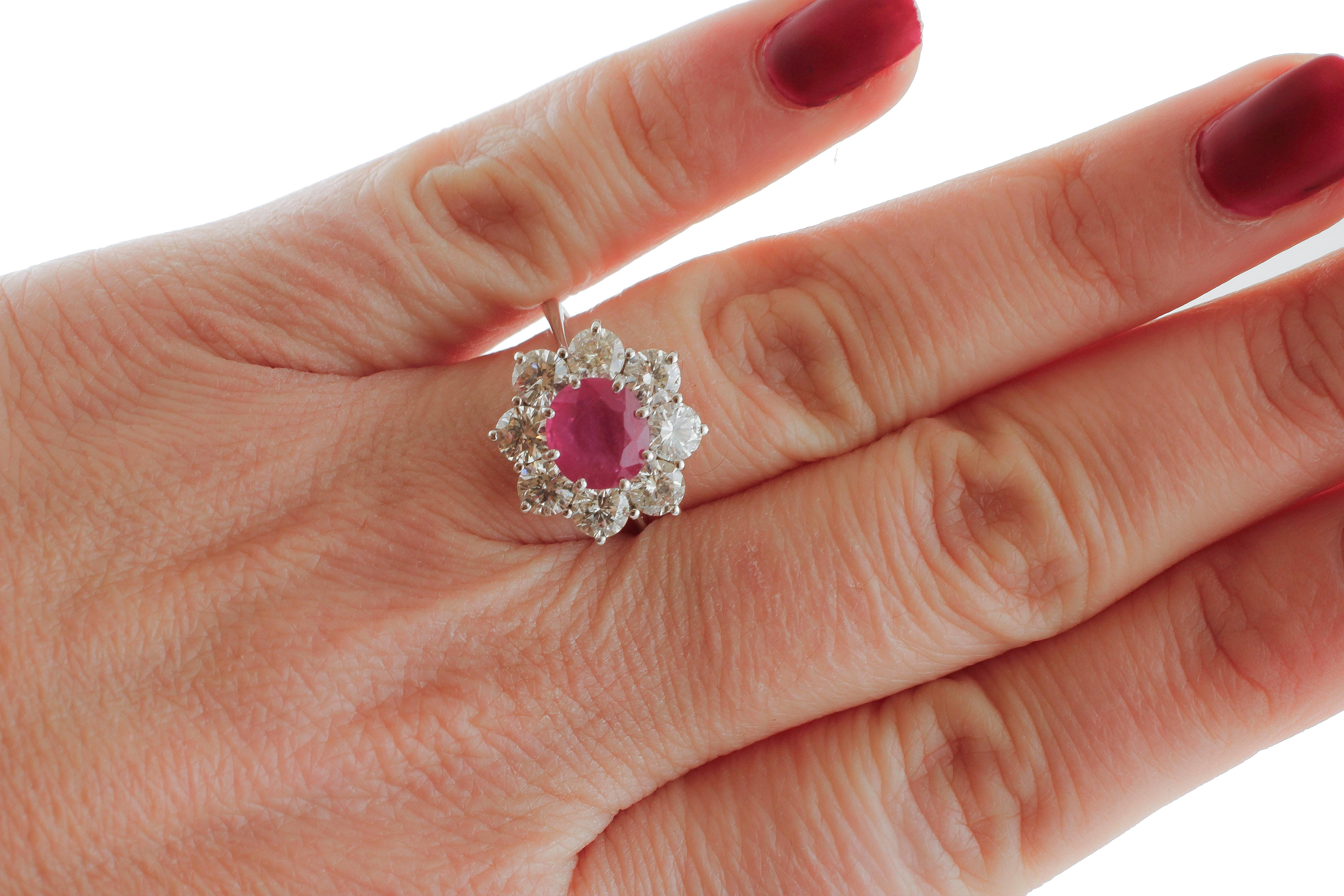 Women's Ruby, White Diamonds, White Gold, Flower Shape Design Fashion Ring For Sale
