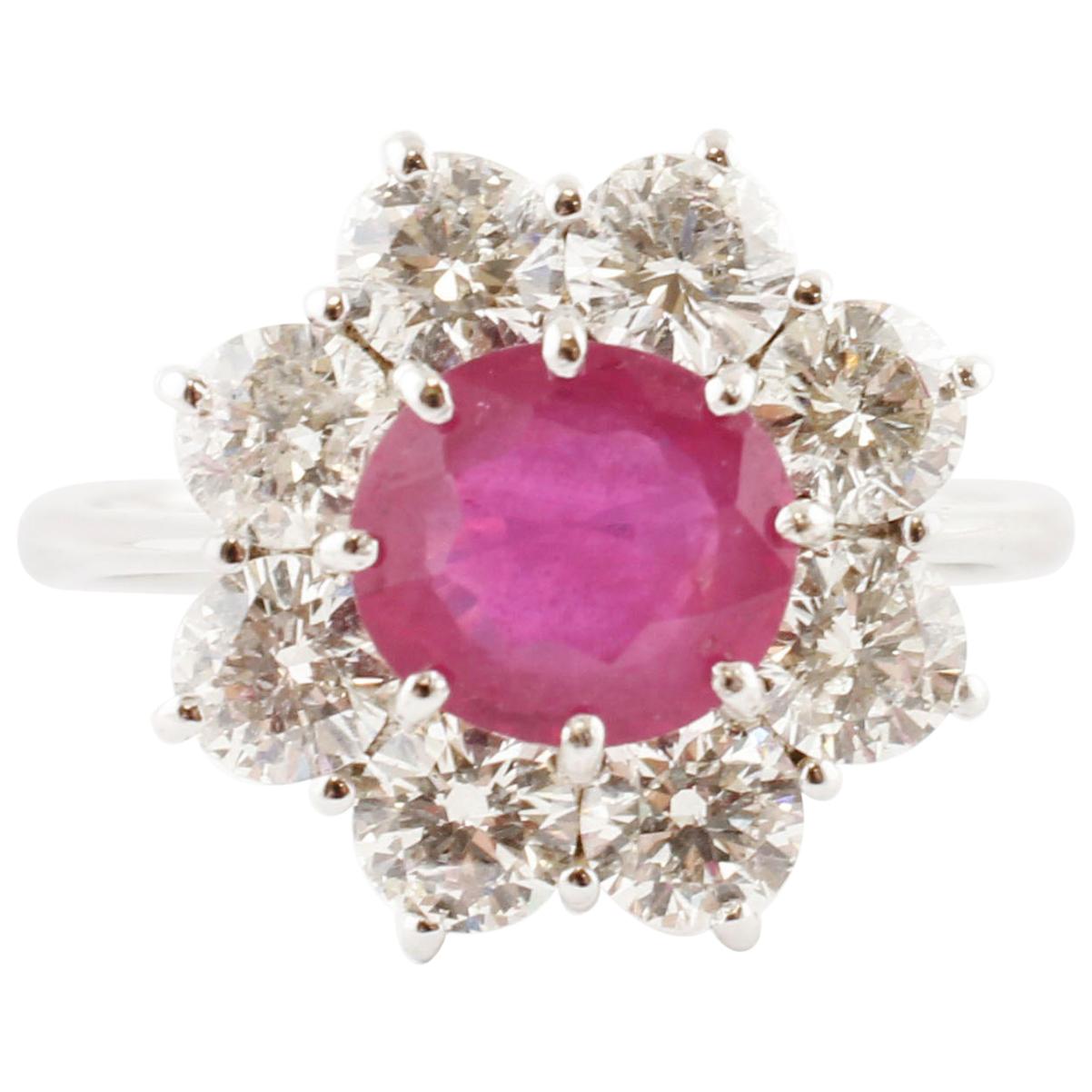 Ruby, White Diamonds, White Gold, Flower Shape Design Fashion Ring