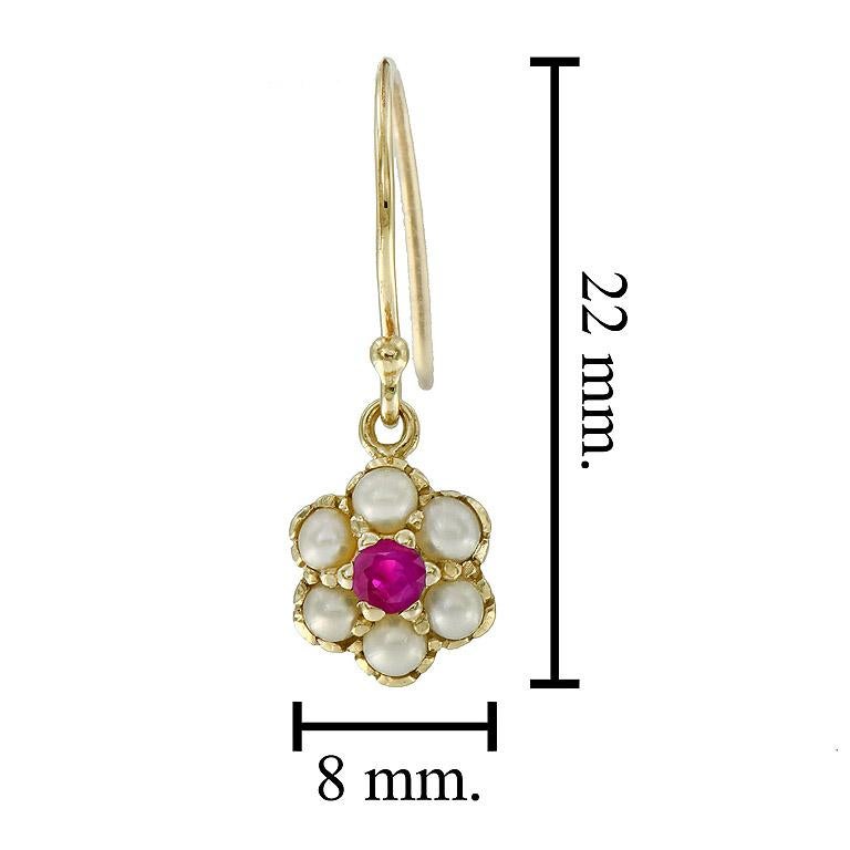 Round Cut Ruby & White Pearl Vintage Style Drop Hook 14K Yellow Gold Earrings For Sale