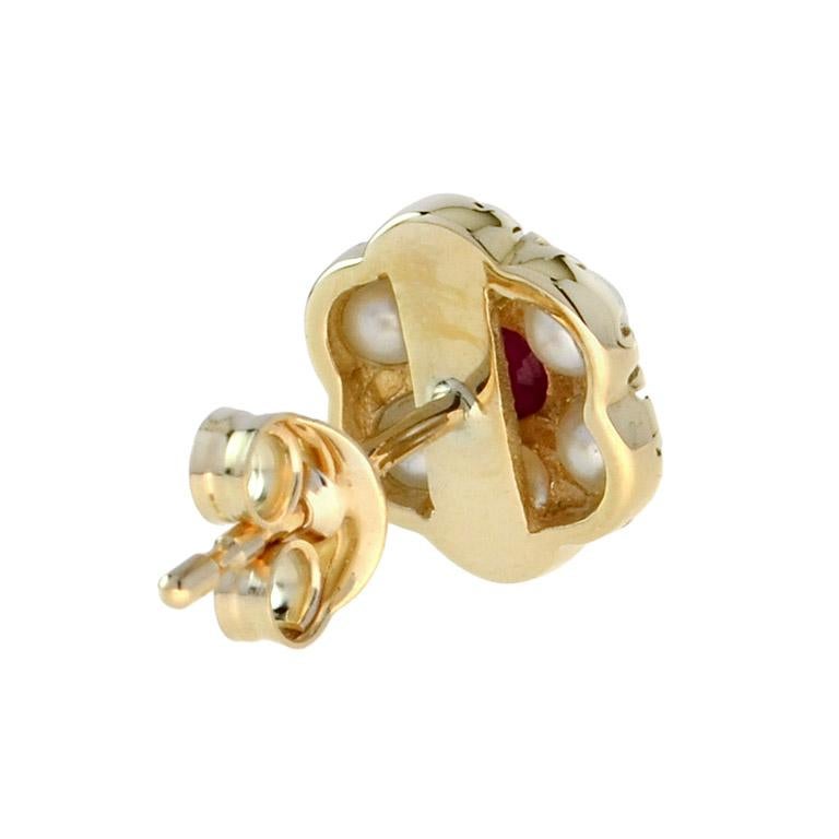 Round Cut Ruby & White Pearl Vintage Style Drop Hook 14K Yellow Gold Stud Earrings For Sale