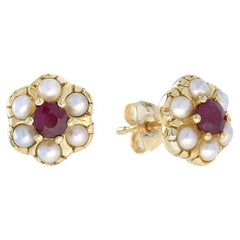 Ruby & White Pearl Vintage Style Drop Hook 14K Yellow Gold Stud Earrings