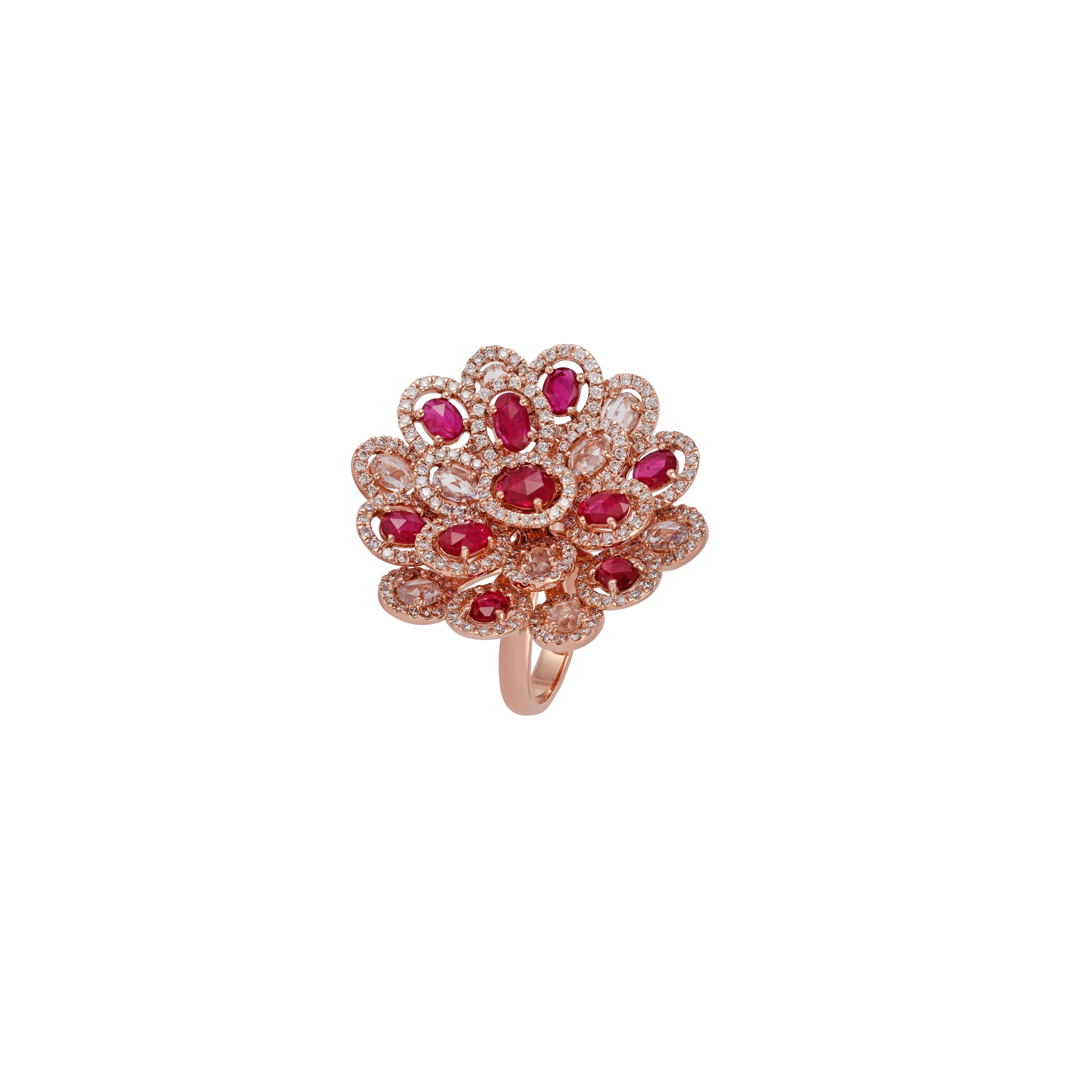 Rose Cut Ruby White Sapphire & Diamond Ring Studded in 18k Rose Gold