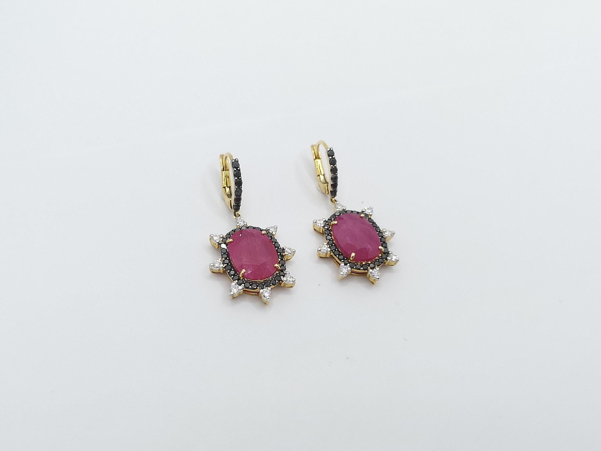 Women's Ruby with Black Diamond and Diamond Earrings Set in 18 Karat Gold Settings For Sale