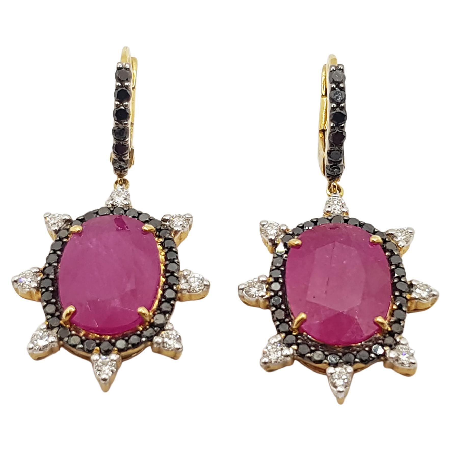 Ruby with Black Diamond and Diamond Earrings Set in 18 Karat Gold Settings For Sale