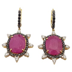 Ruby with Black Diamond and Diamond Earrings Set in 18 Karat Gold Settings