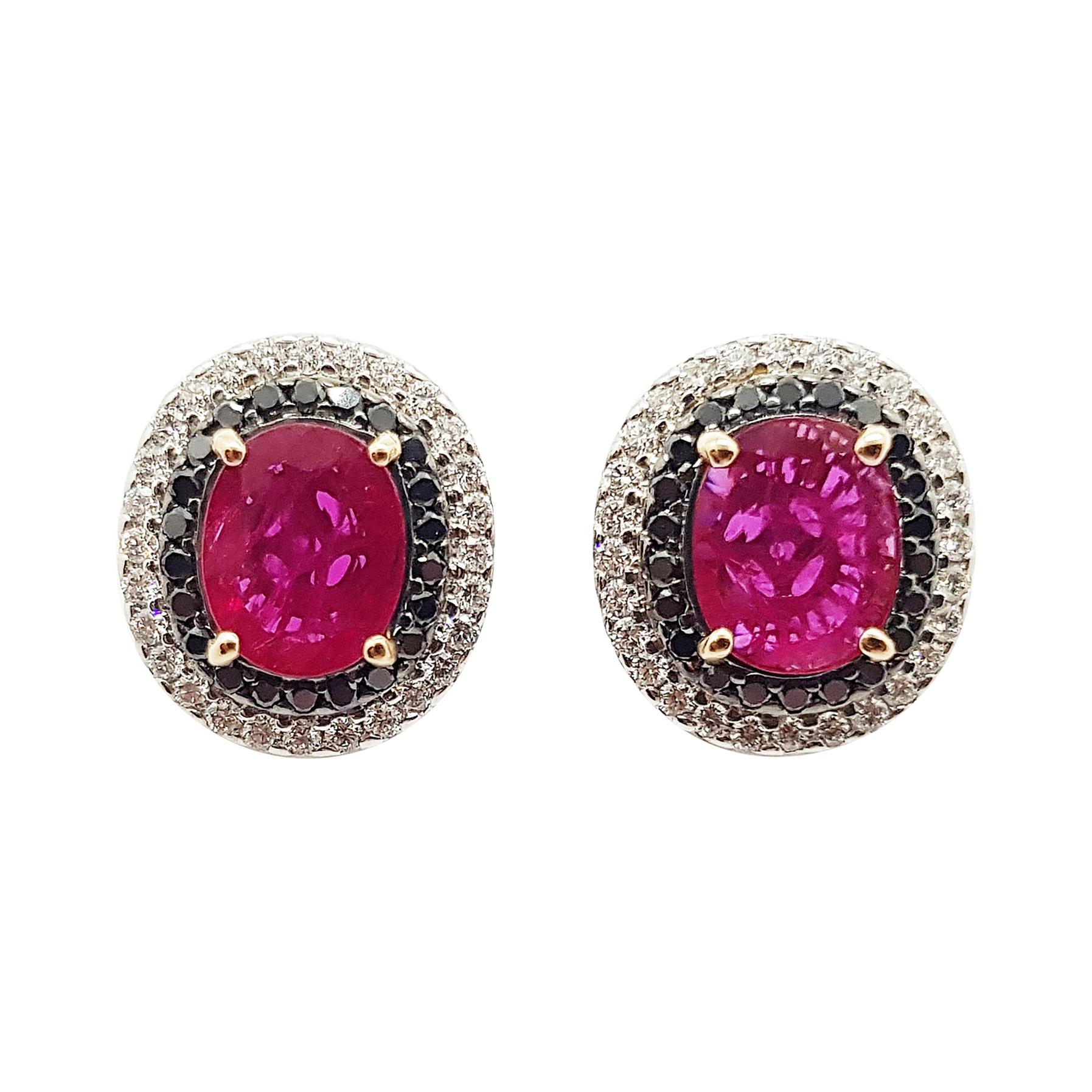 Ruby with Black Diamond and Diamond Earrings Set in 18 Karat White Gold Settings For Sale