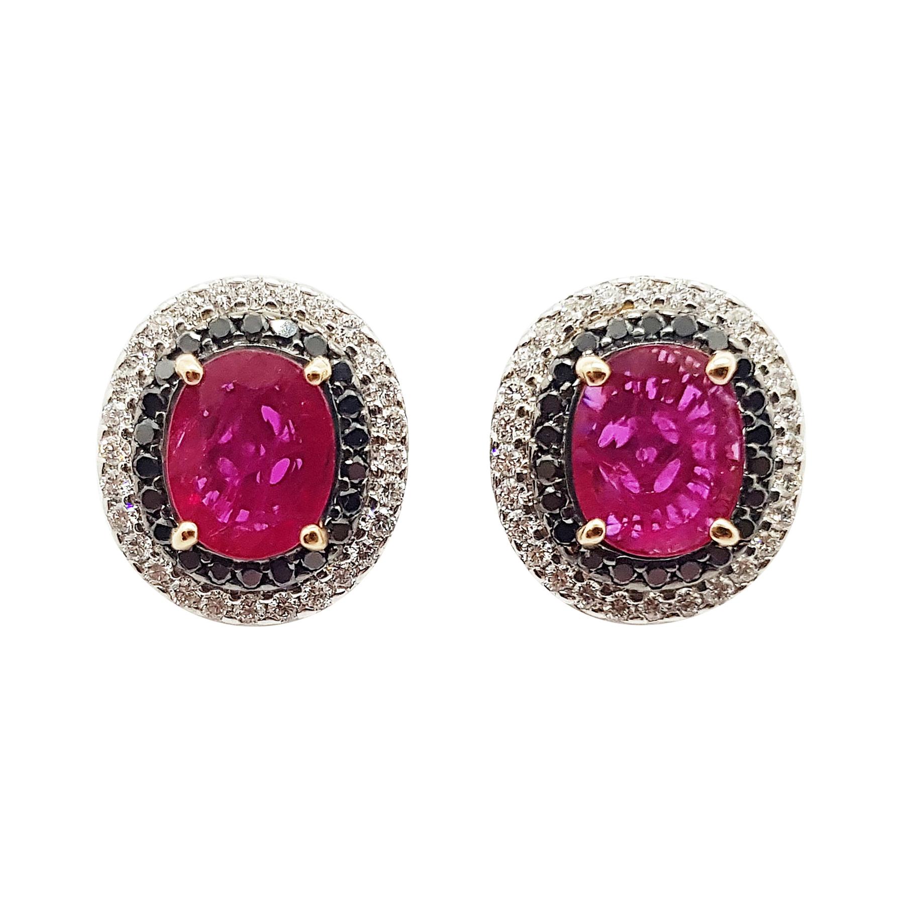 Ruby with Black Diamond and Diamond Earrings Set in 18 Karat White Gold Settings