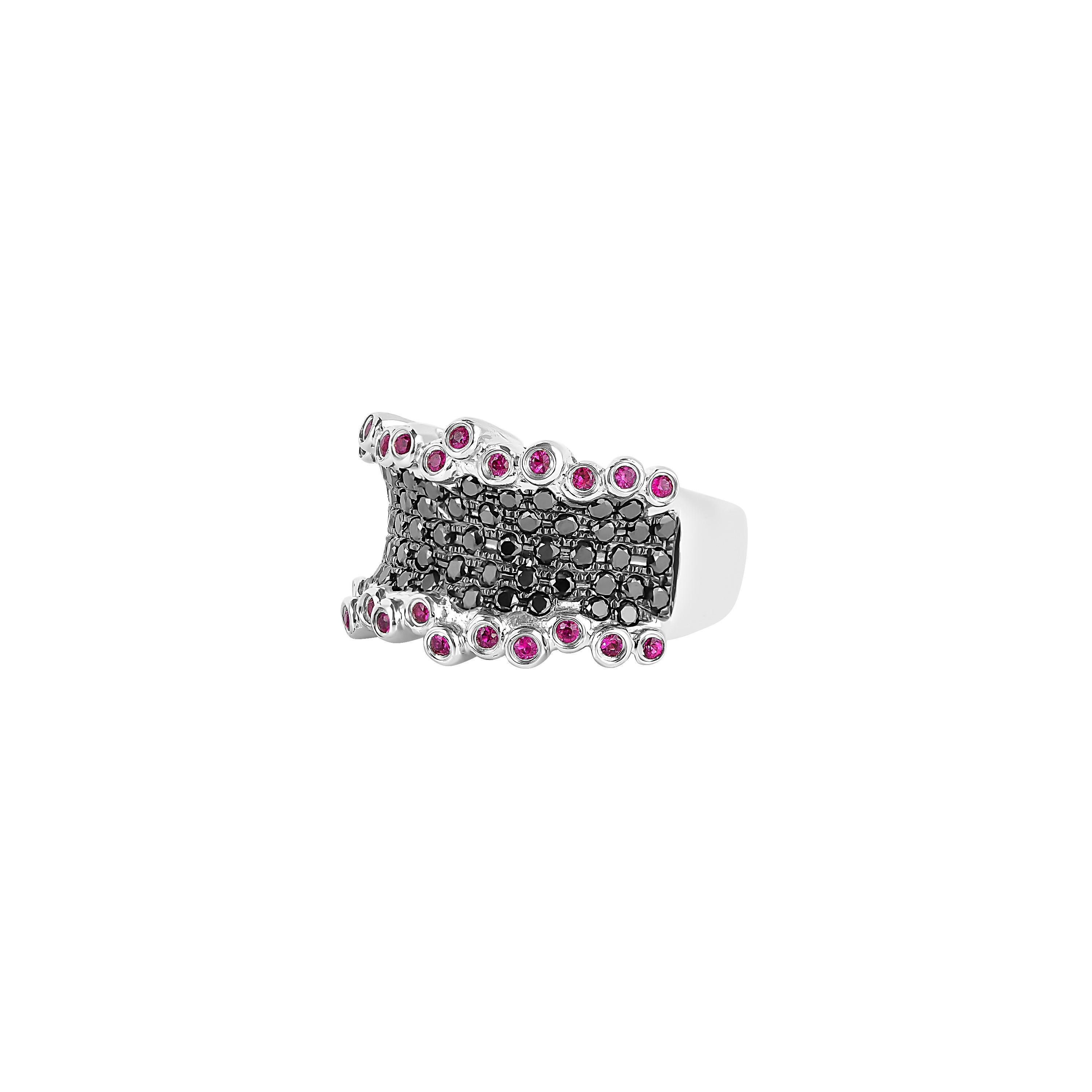 Contemporary Ruby with Black Diamond Cocktail Ring in 14 Karat White Gold For Sale