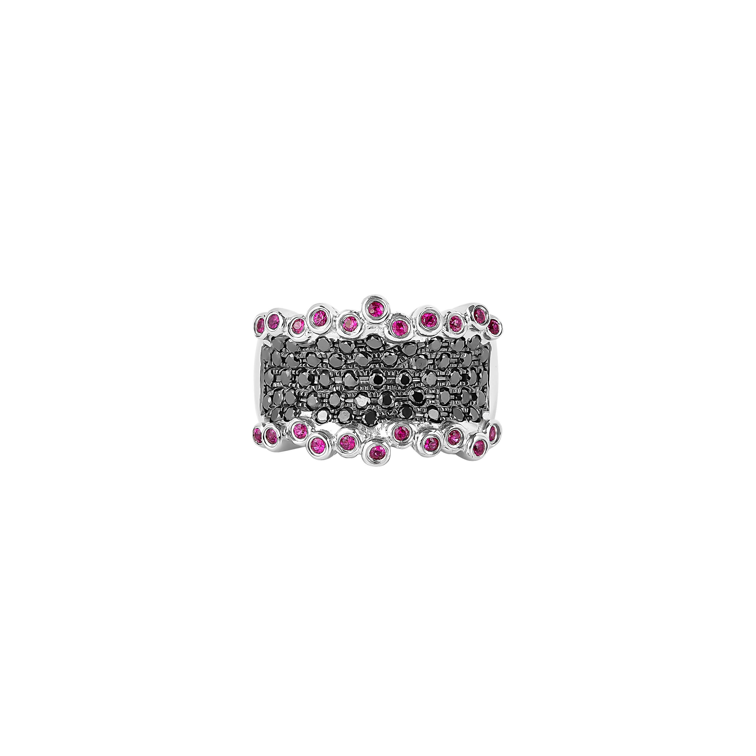 Round Cut Ruby with Black Diamond Cocktail Ring in 14 Karat White Gold For Sale